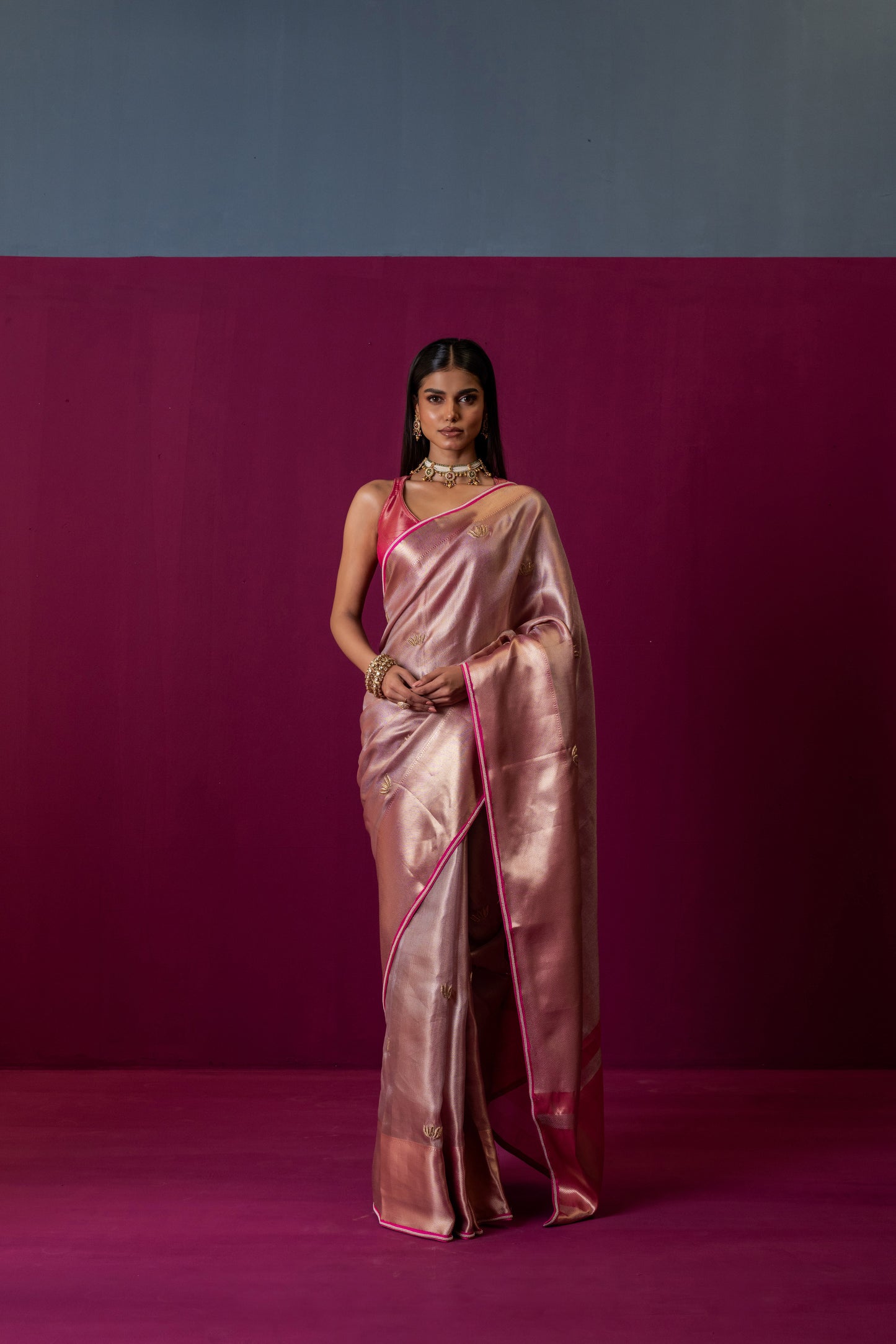 Blush Pink Tissue Silk Saree with Hot Pink Accents