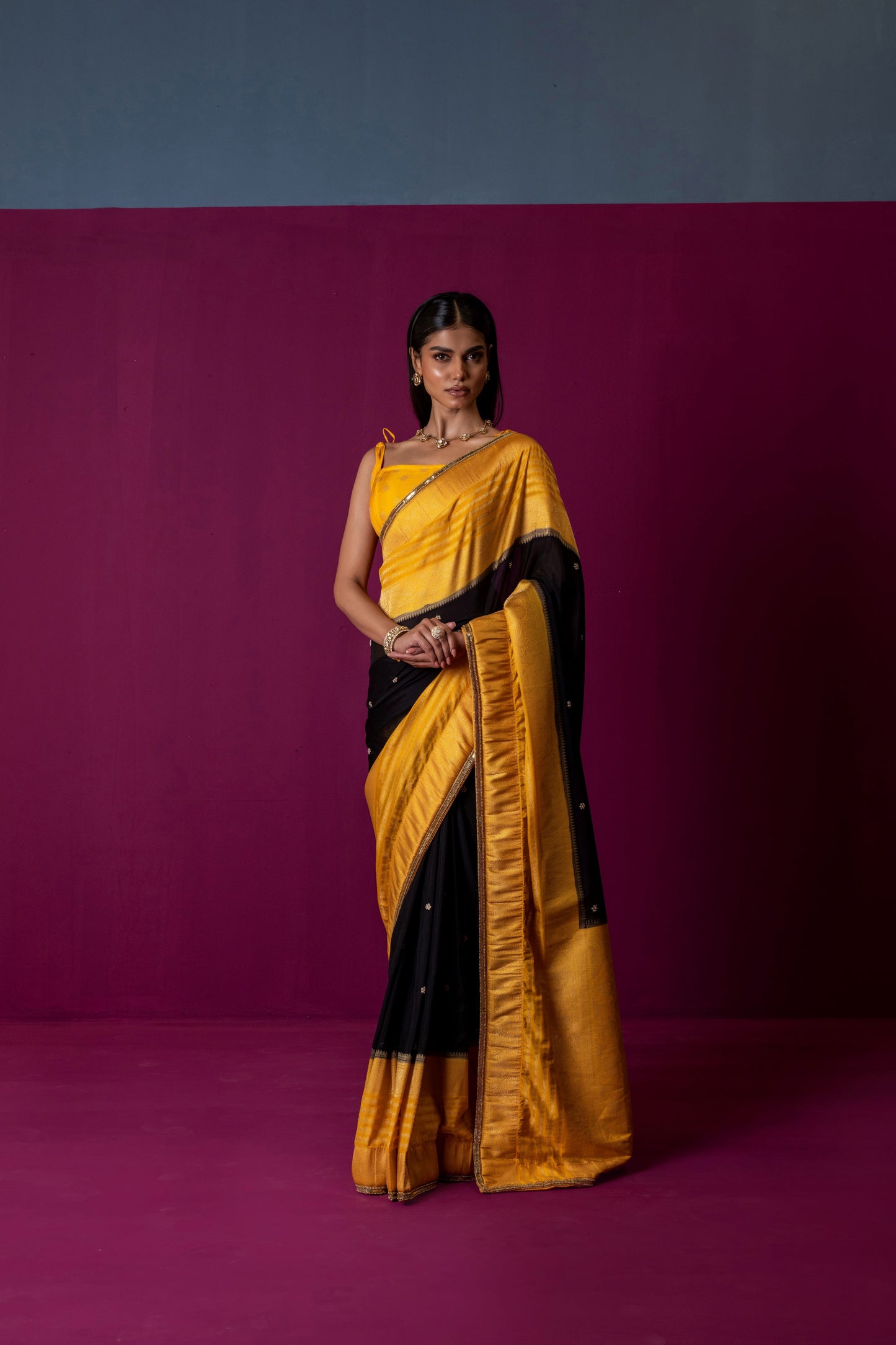 Mustard Yellow & Black Crepe Silk Saree with Statement Blouse
