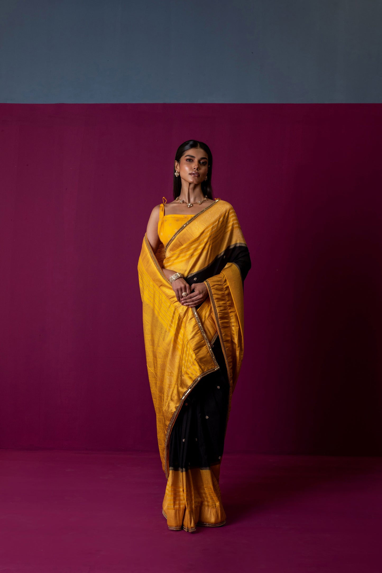 Mustard Yellow & Black Crepe Silk Saree with Statement Blouse