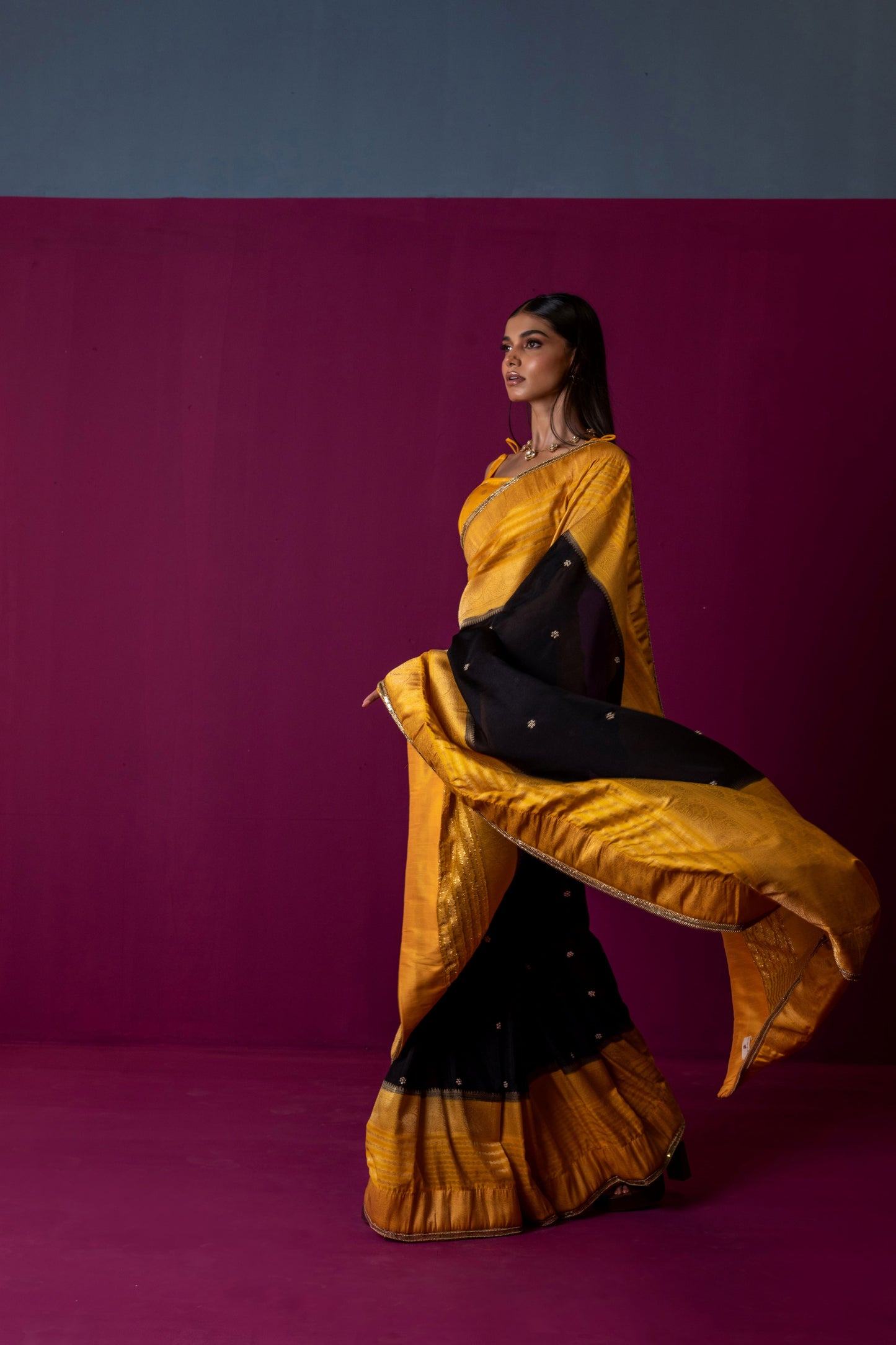 Mustard Yellow & Black Crepe Silk Saree with Statement Blouse