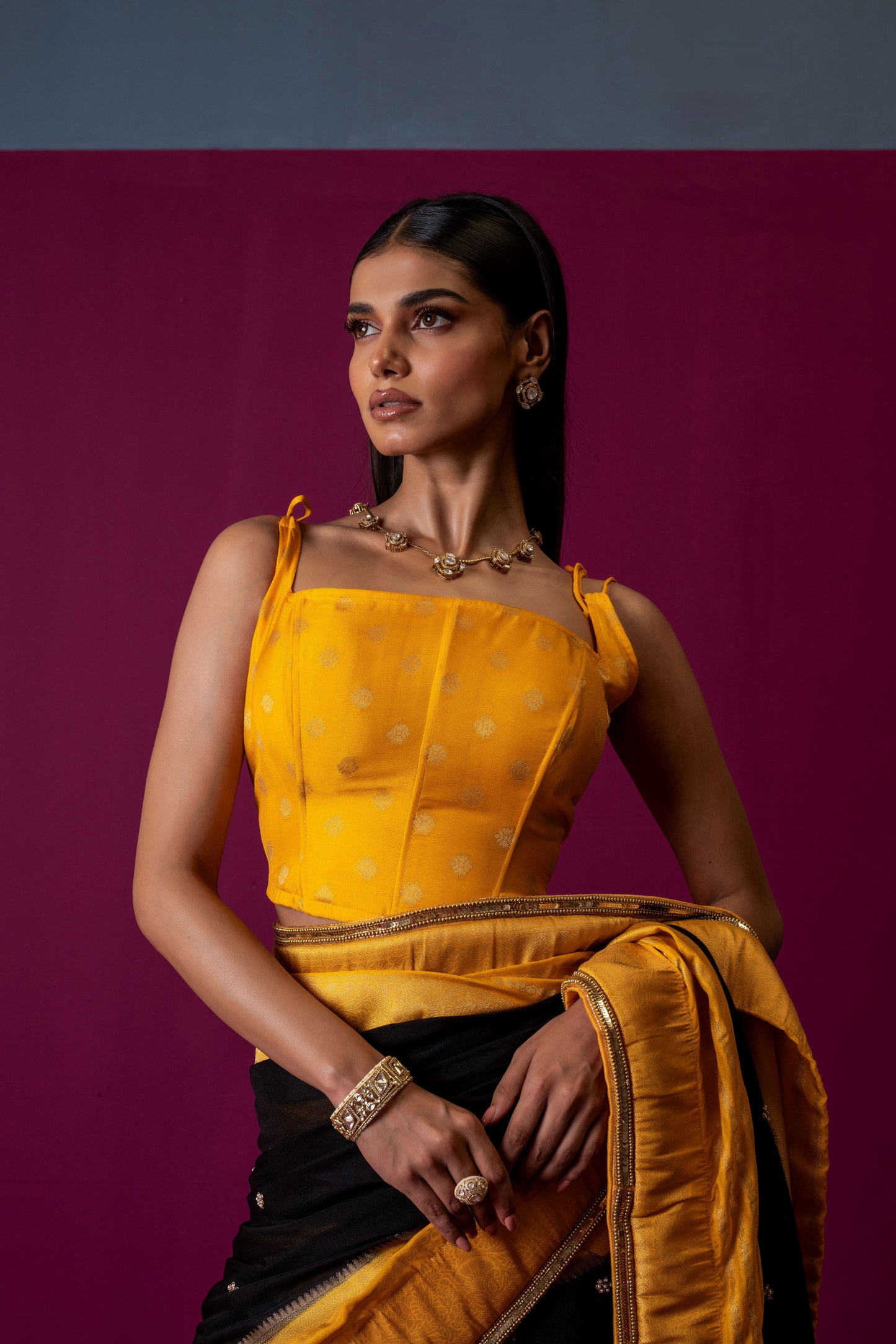 Mustard Yellow & Black Crepe Silk Saree with Statement Blouse