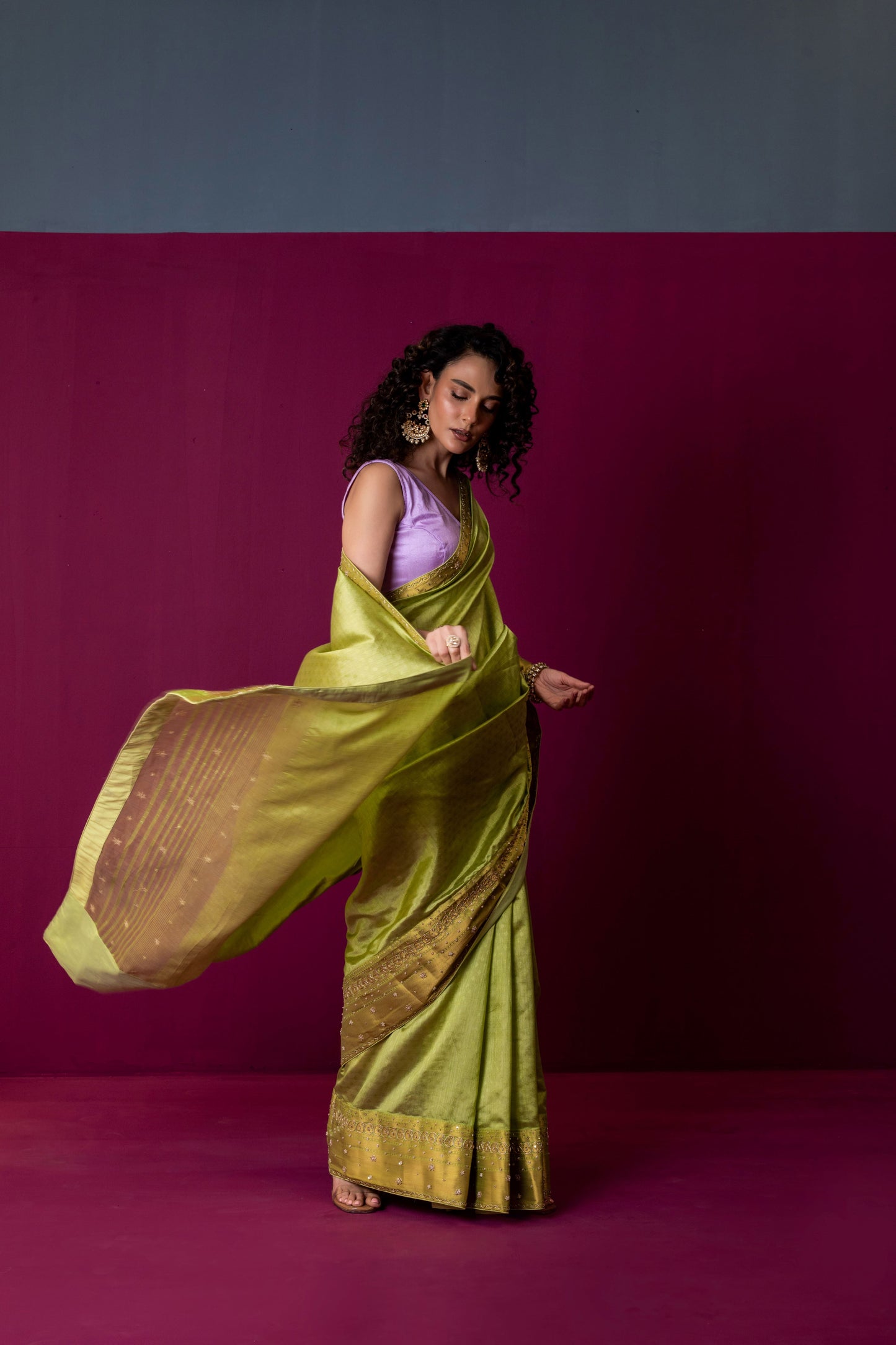 Lime Green Soft Silk Saree with Contrasting Lavender Blouse