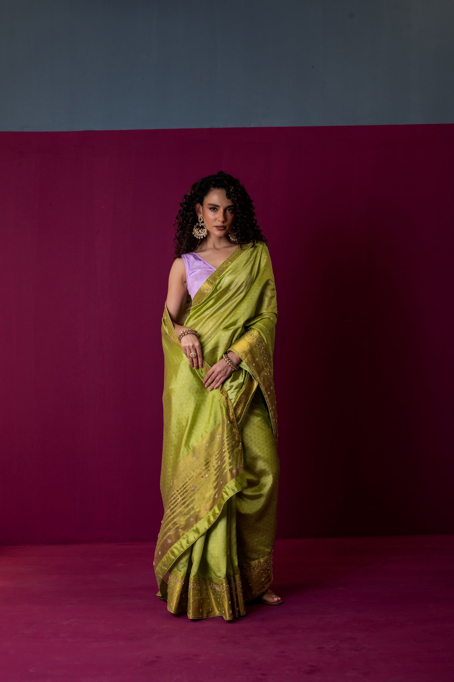 Lime Green Soft Silk Saree with Contrasting Lavender Blouse