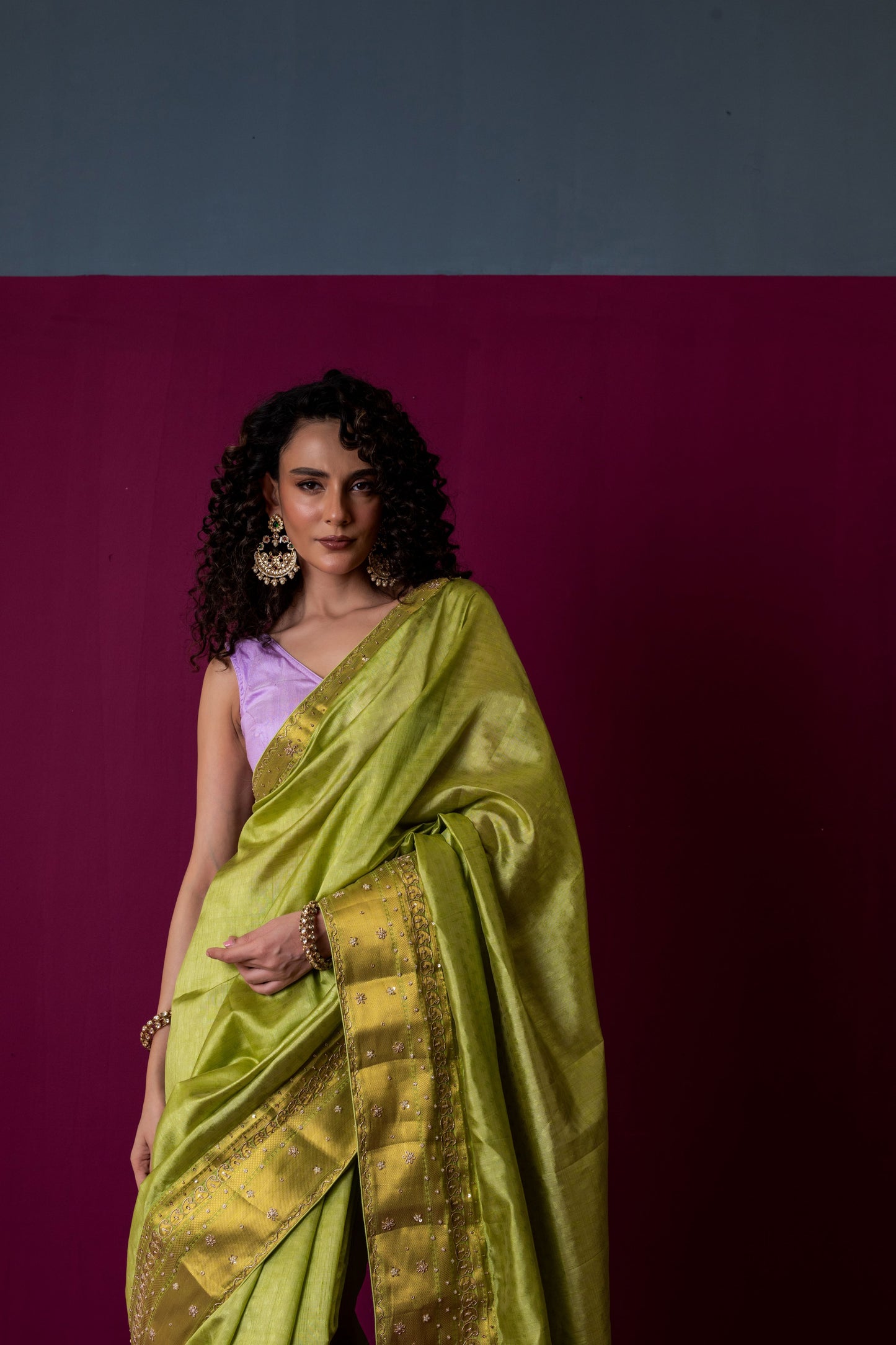 Lime Green Soft Silk Saree with Contrasting Lavender Blouse