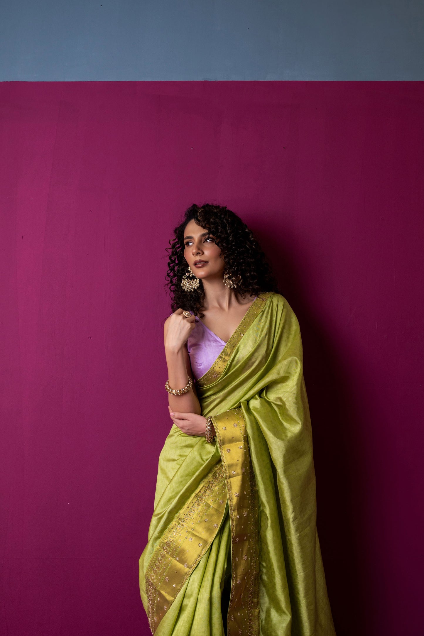 Lime Green Soft Silk Saree with Contrasting Lavender Blouse