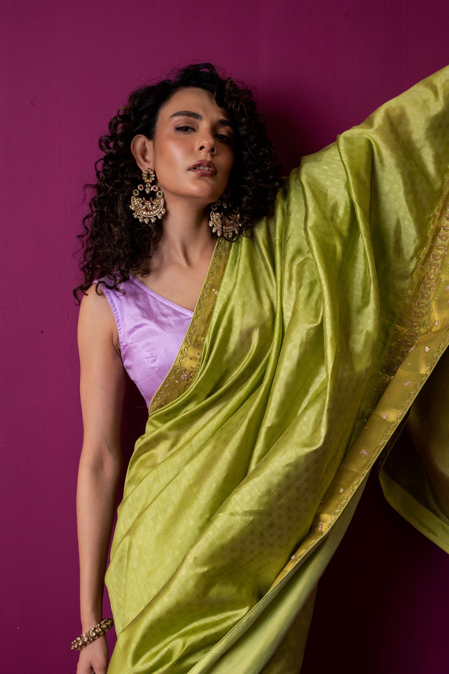 Lime Green Soft Silk Saree with Contrasting Lavender Blouse