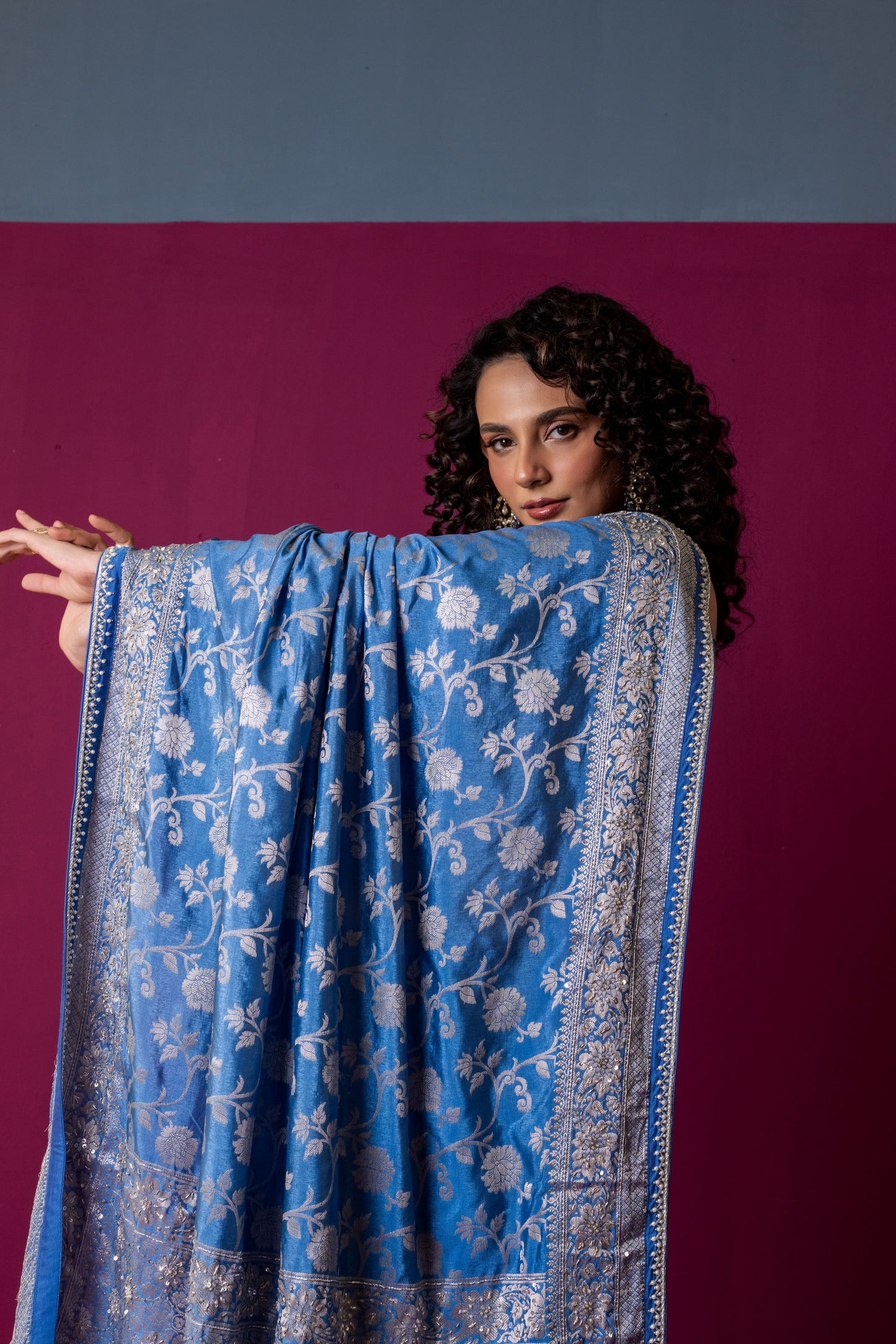 Regal Azure Banarasi Silk Saree with Embroidered Brocade Blouse