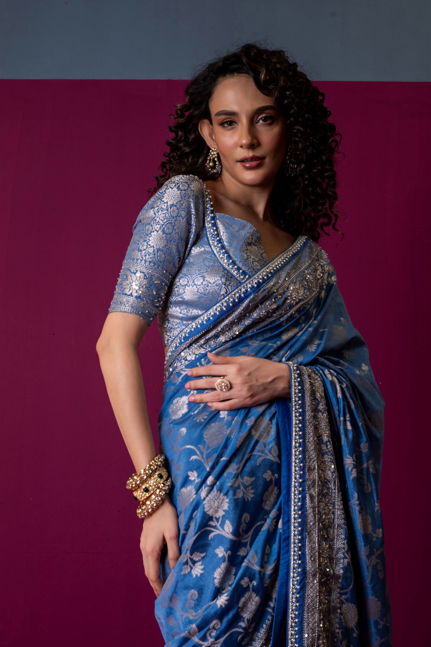 Regal Azure Banarasi Silk Saree with Embroidered Brocade Blouse