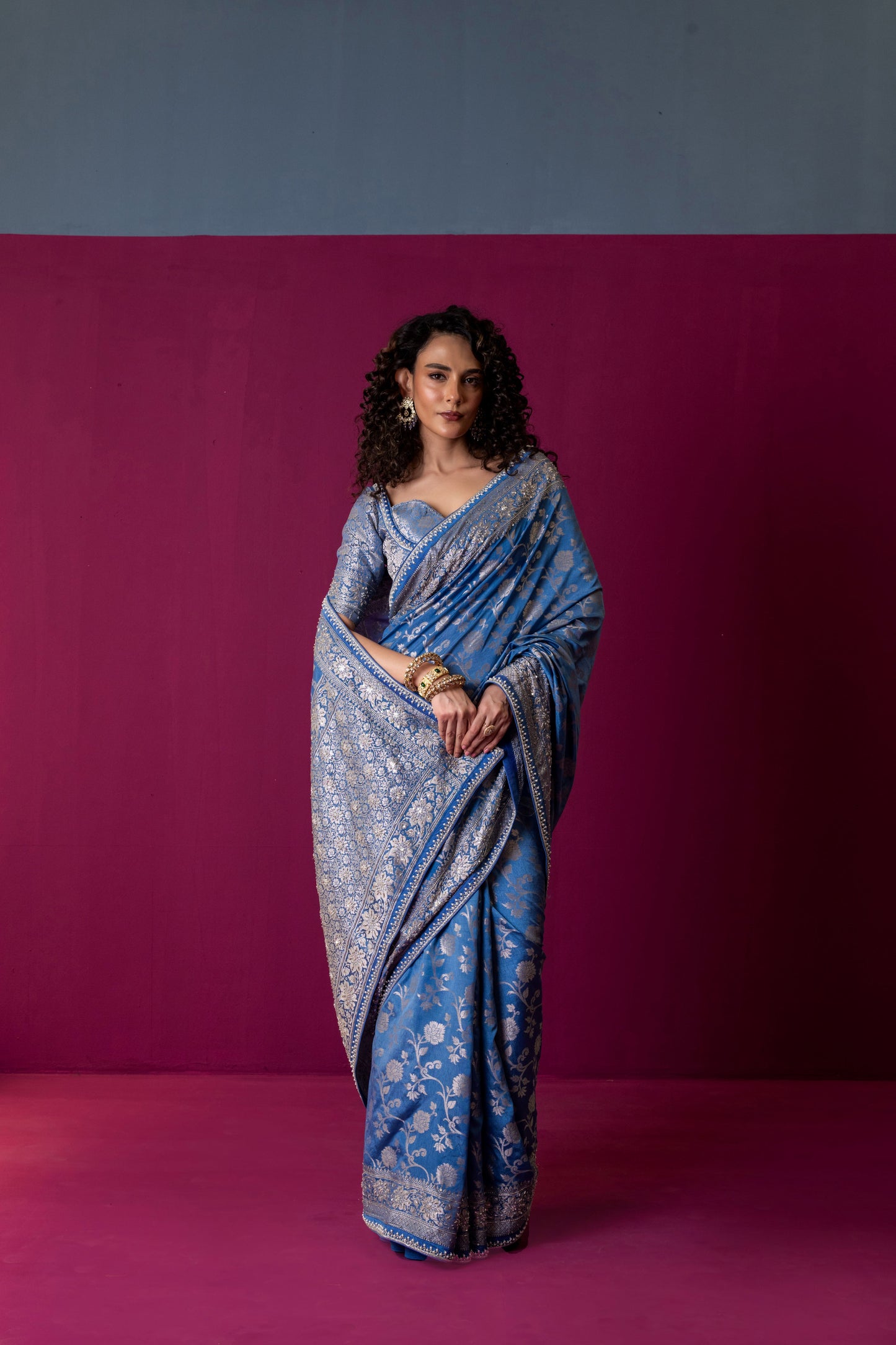 Regal Azure Banarasi Silk Saree with Embroidered Brocade Blouse
