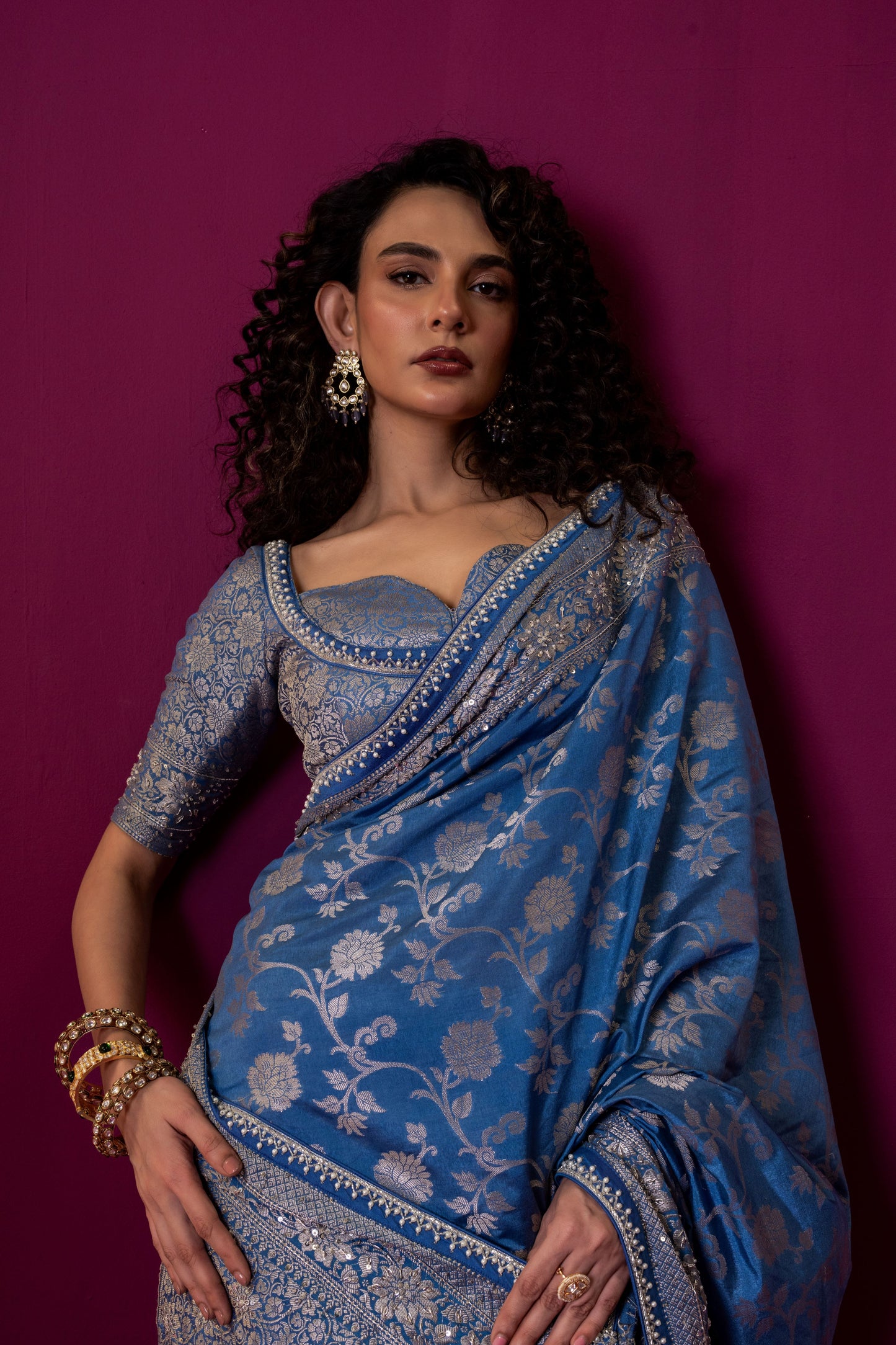Regal Azure Banarasi Silk Saree with Embroidered Brocade Blouse