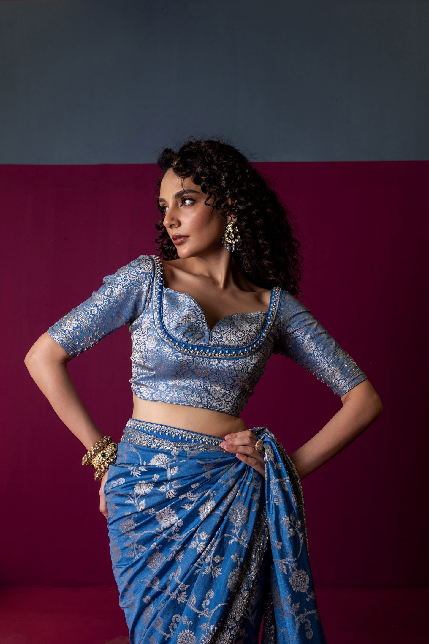 Regal Azure Banarasi Silk Saree with Embroidered Brocade Blouse