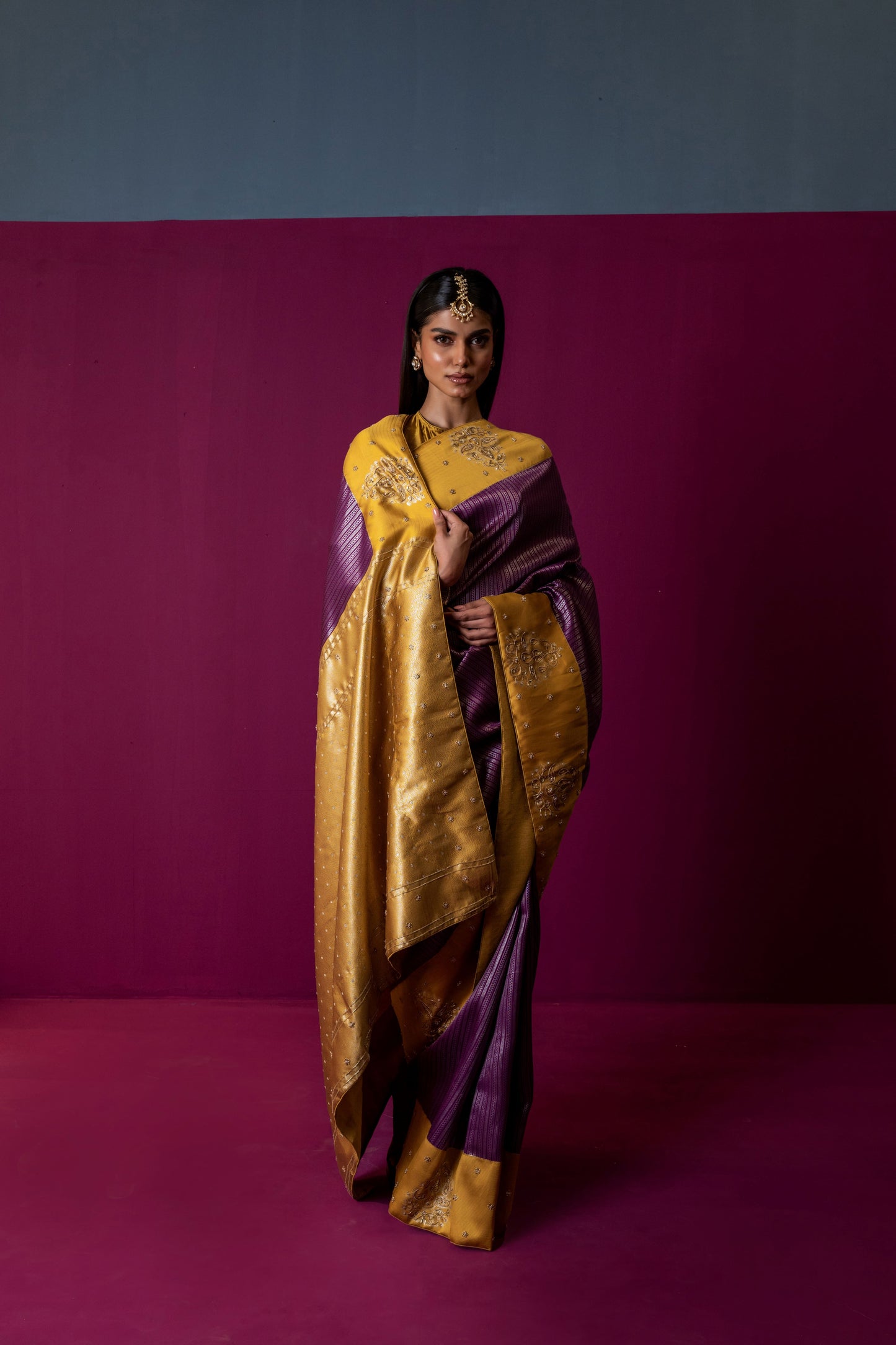 Marigold Gold & Plum Silk Saree