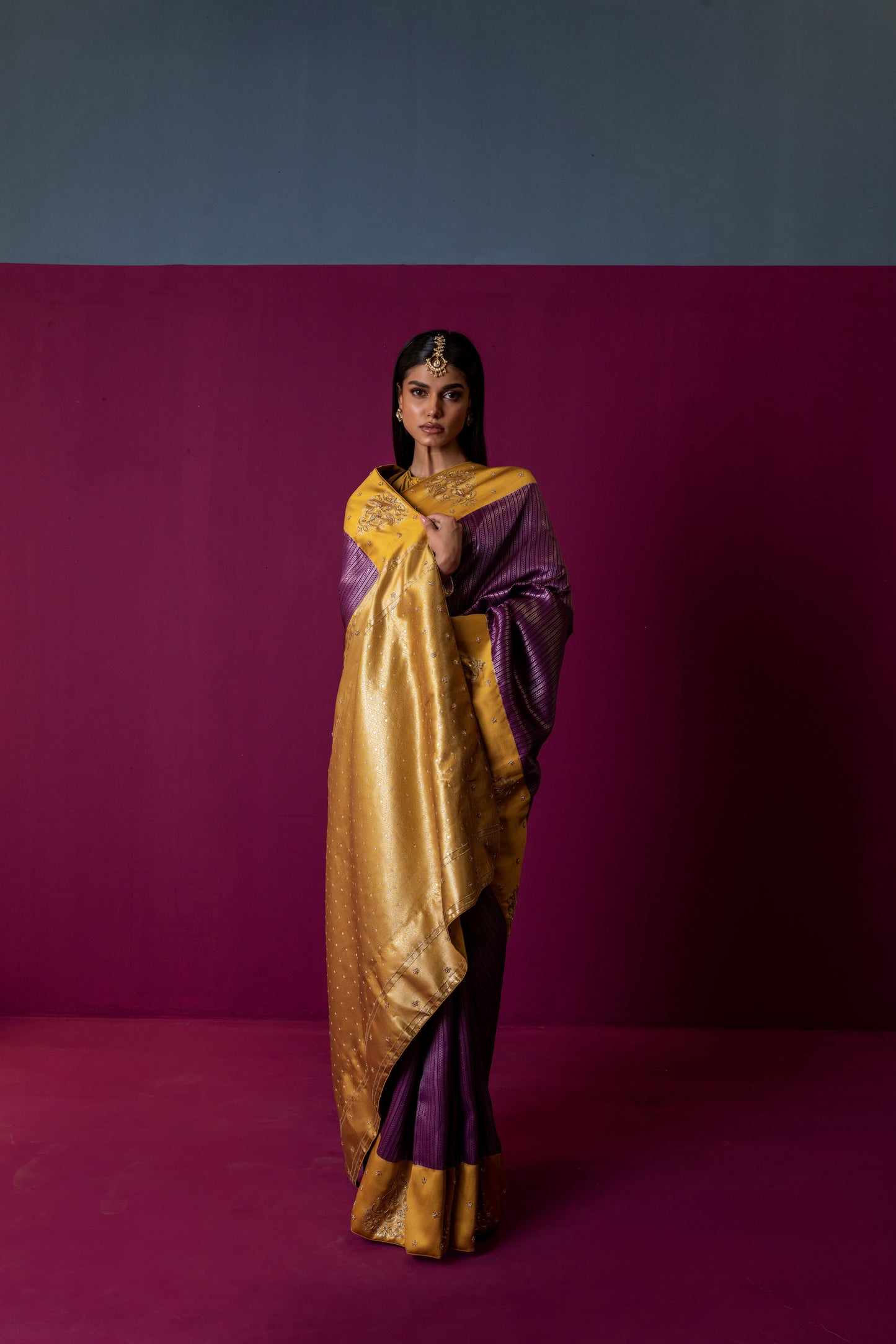 Marigold Gold & Plum Silk Saree