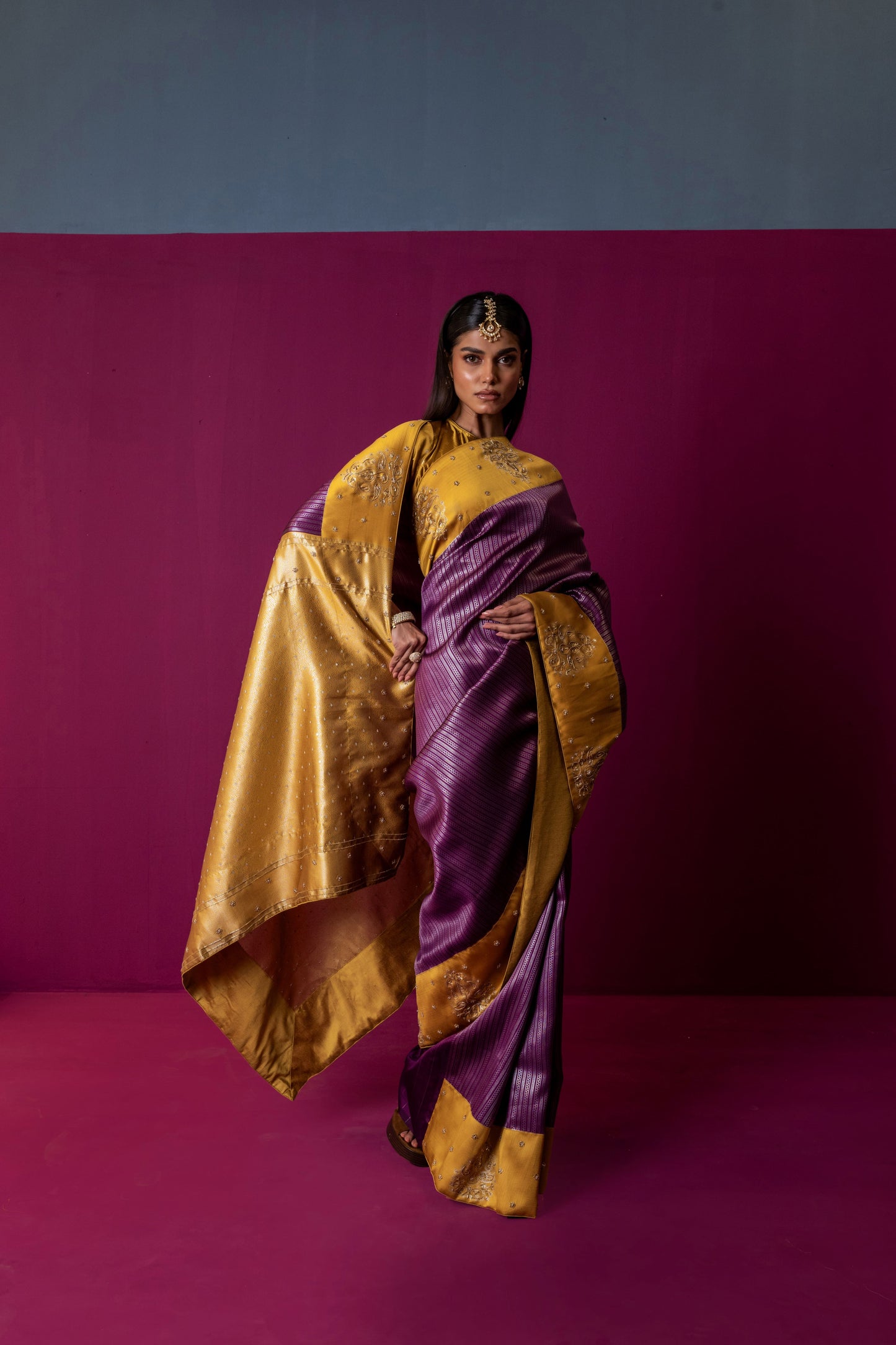 Marigold Gold & Plum Silk Saree