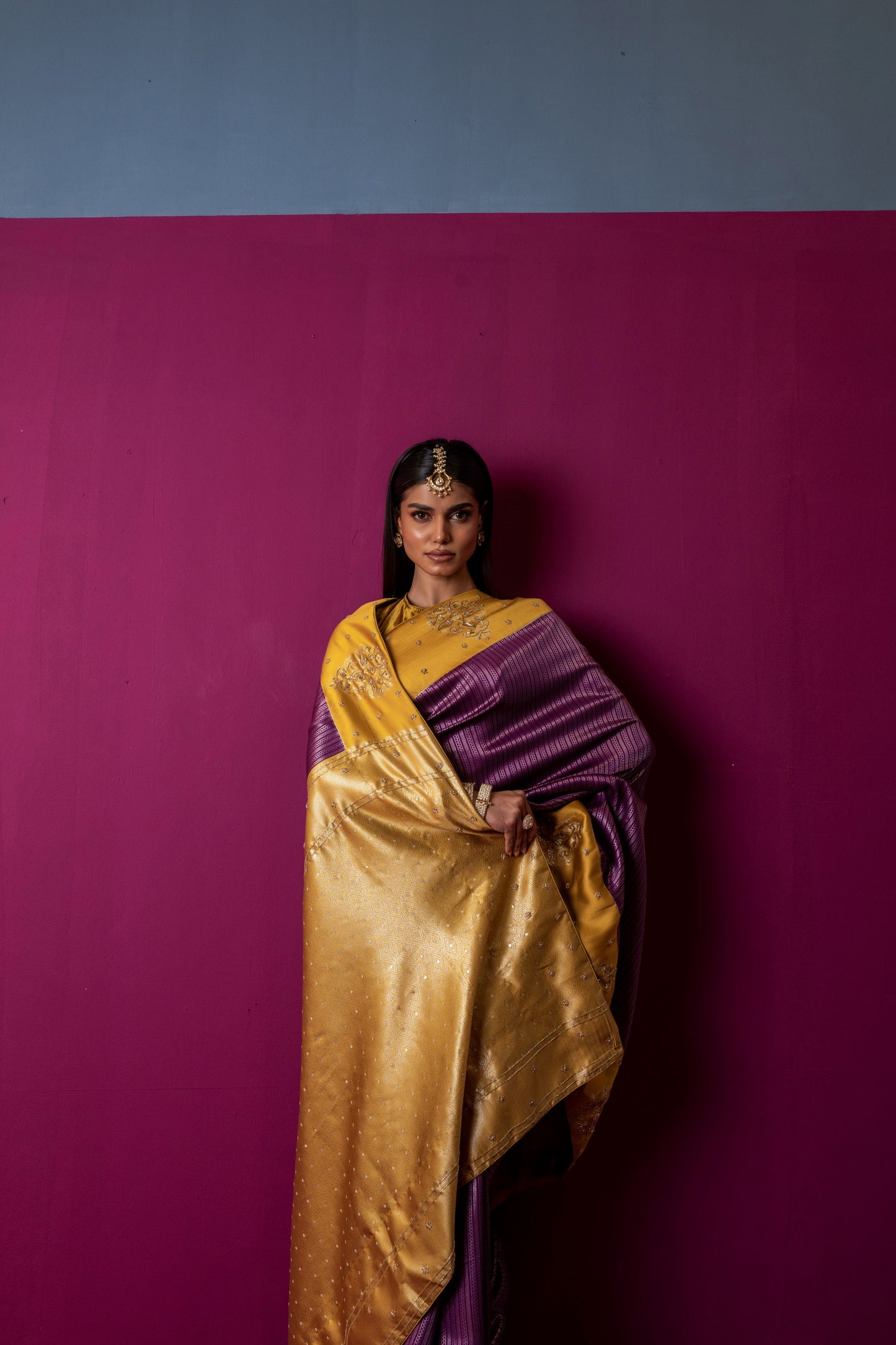 Marigold Gold & Plum Silk Saree