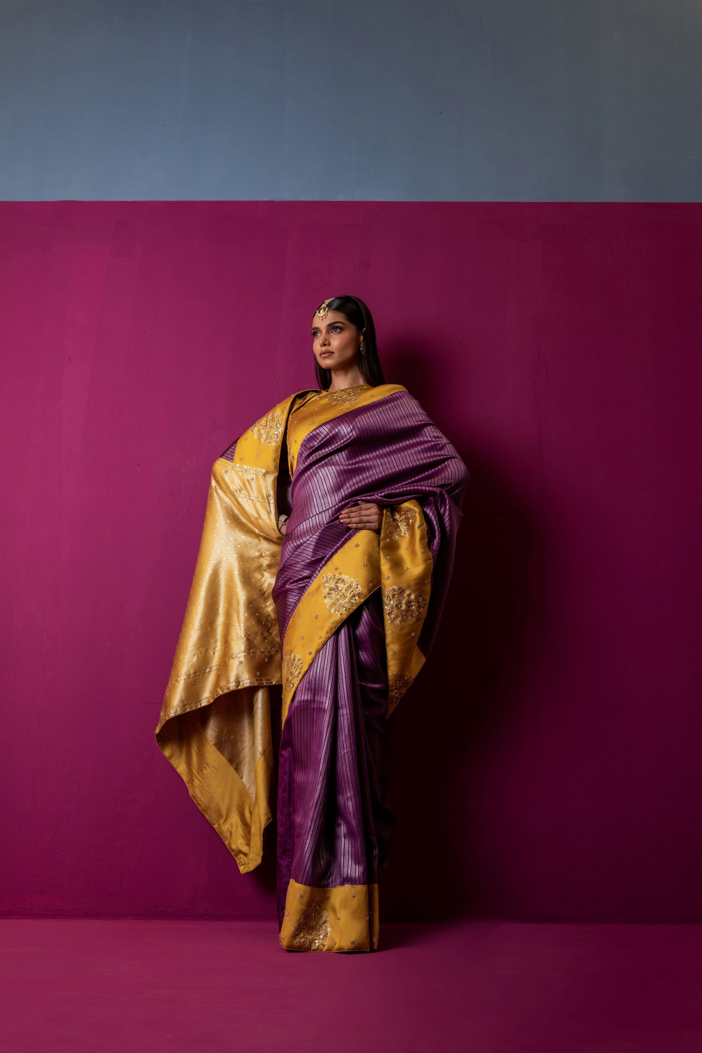 Marigold Gold & Plum Silk Saree