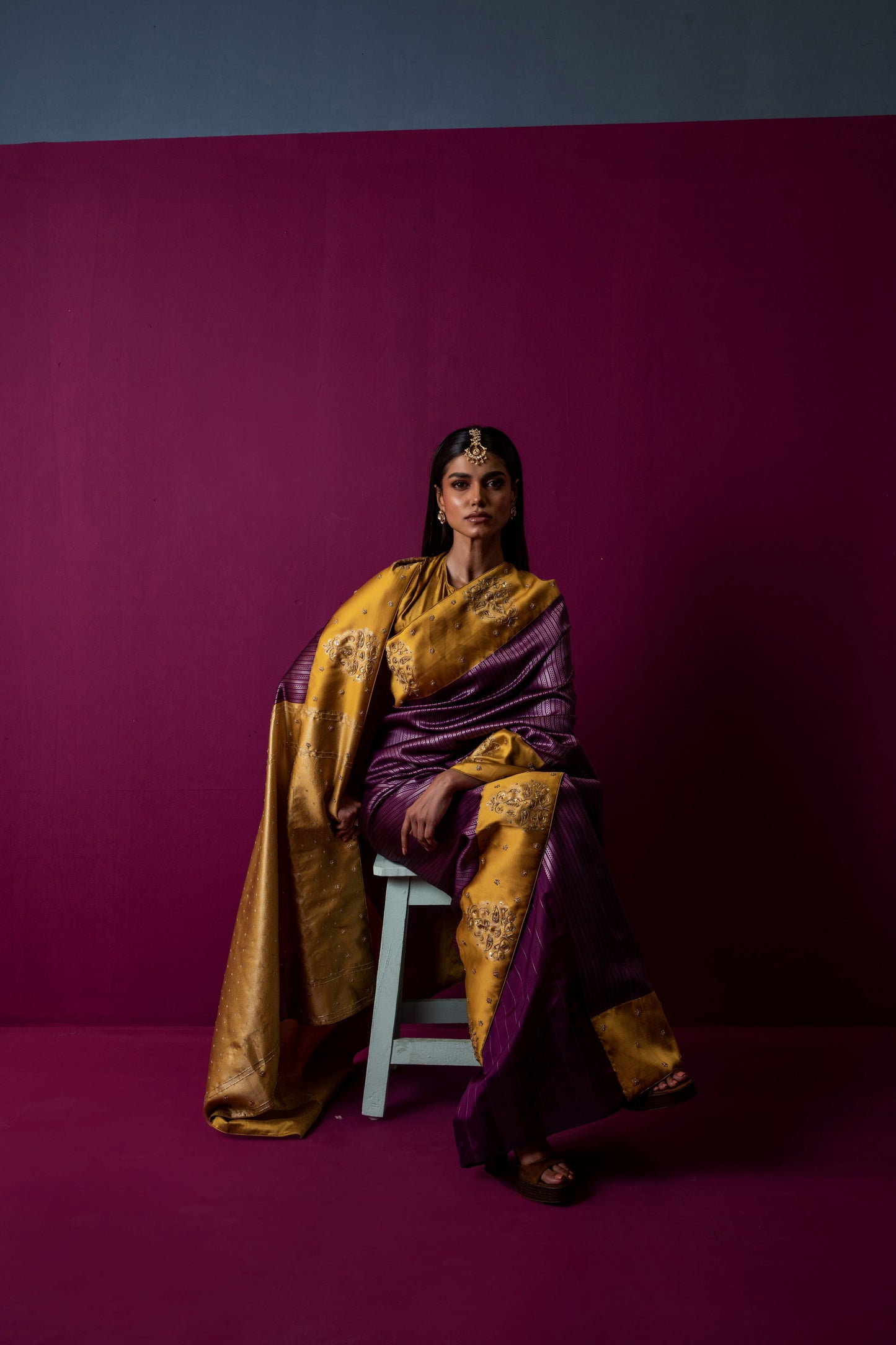 Marigold Gold & Plum Silk Saree