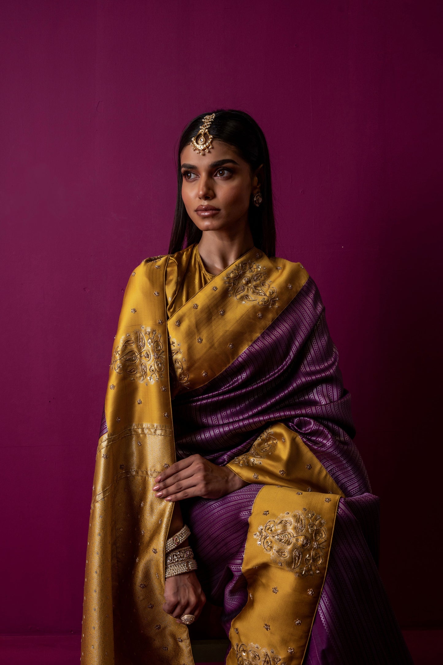 Marigold Gold & Plum Silk Saree