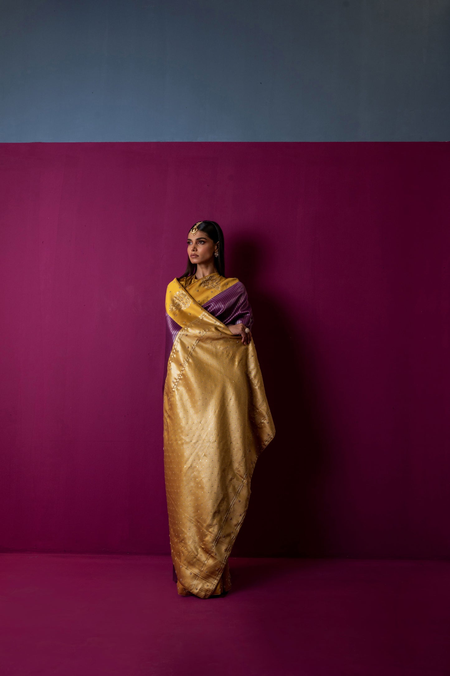 Marigold Gold & Plum Silk Saree