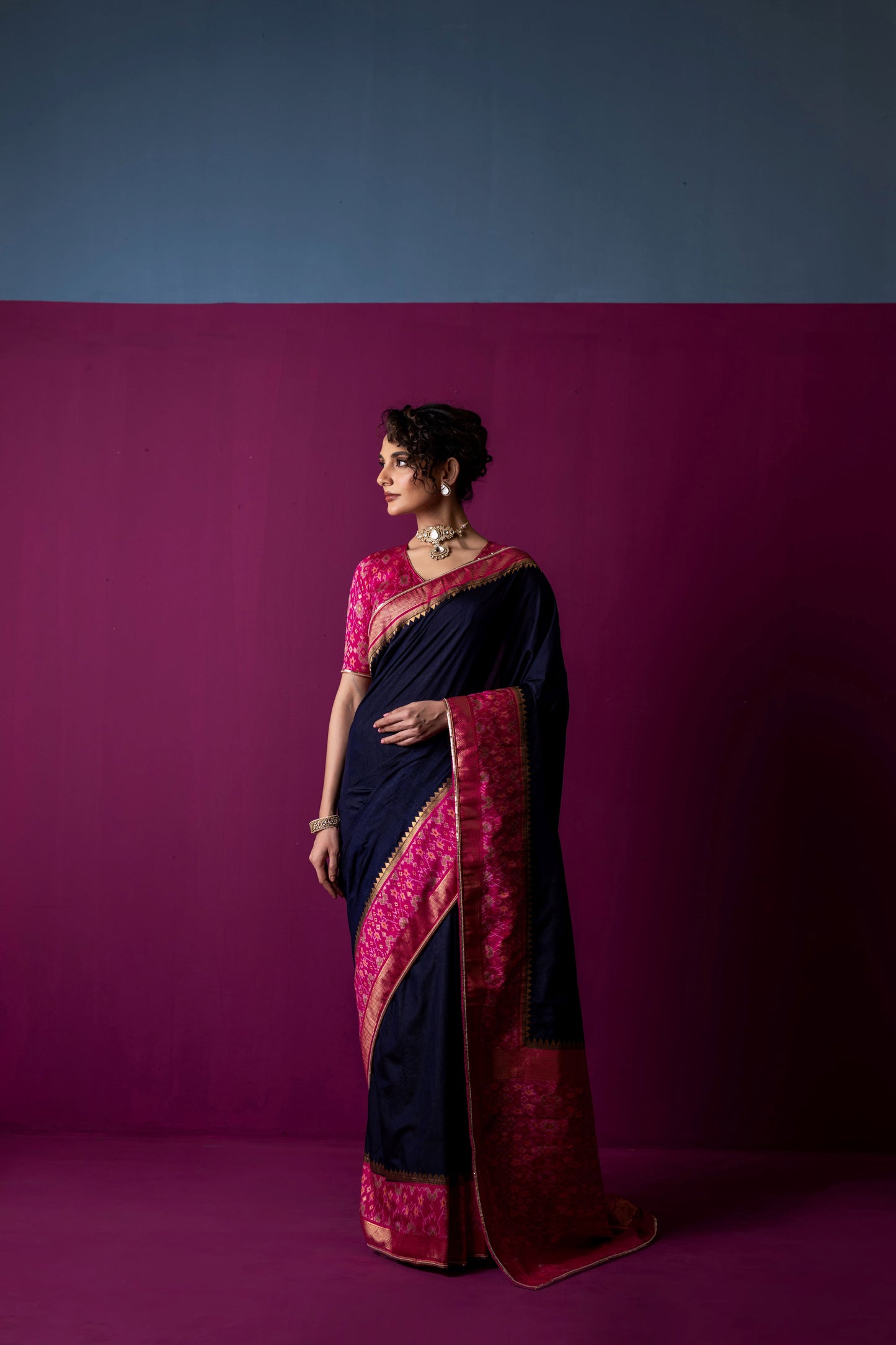 Navy Blue Saree with Rani Pink Patola Blouse