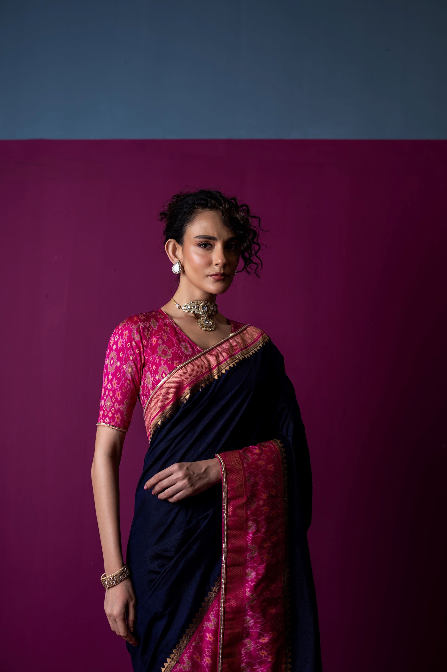 Navy Blue Saree with Rani Pink Patola Blouse