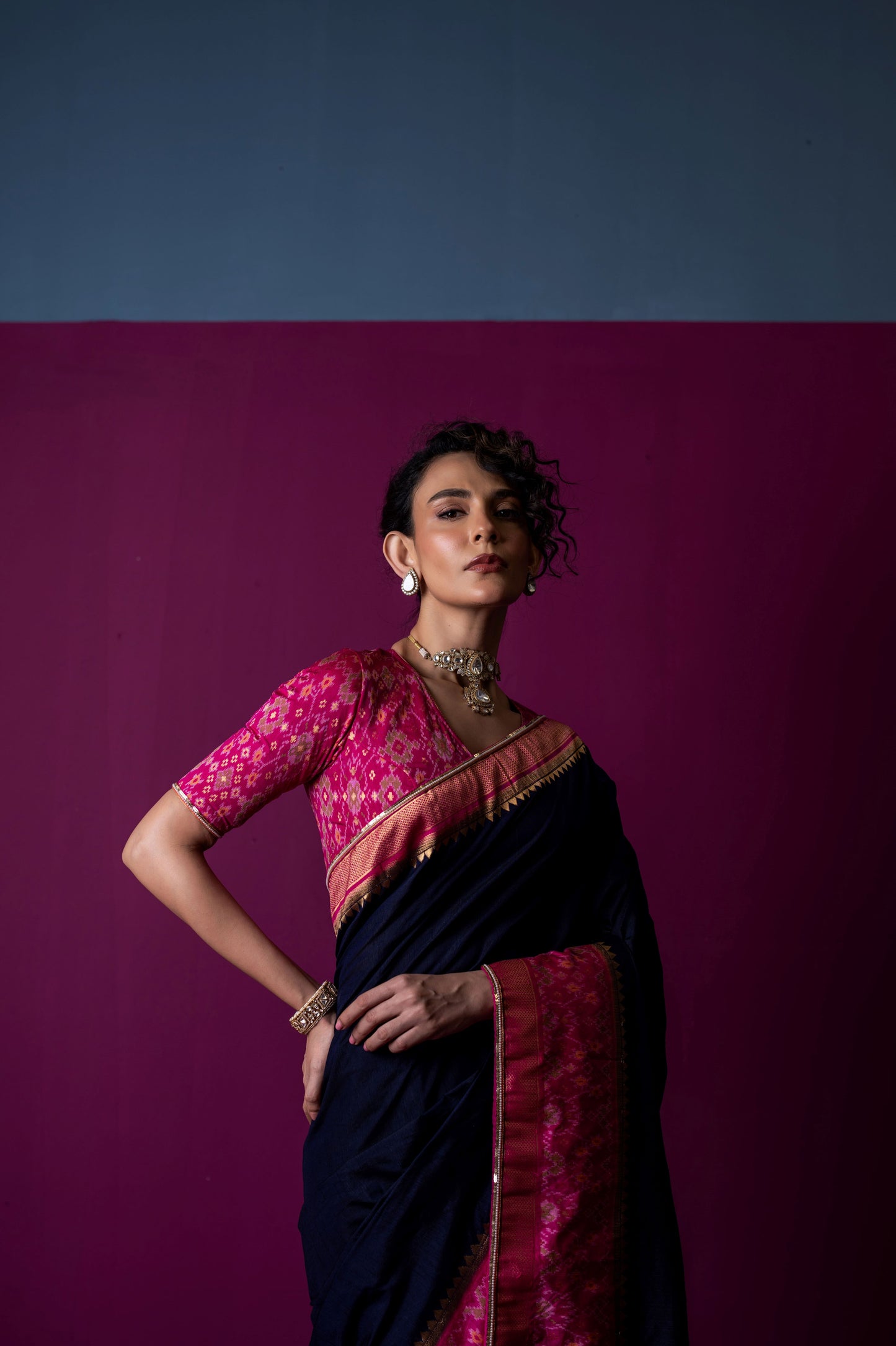 Navy Blue Saree with Rani Pink Patola Blouse