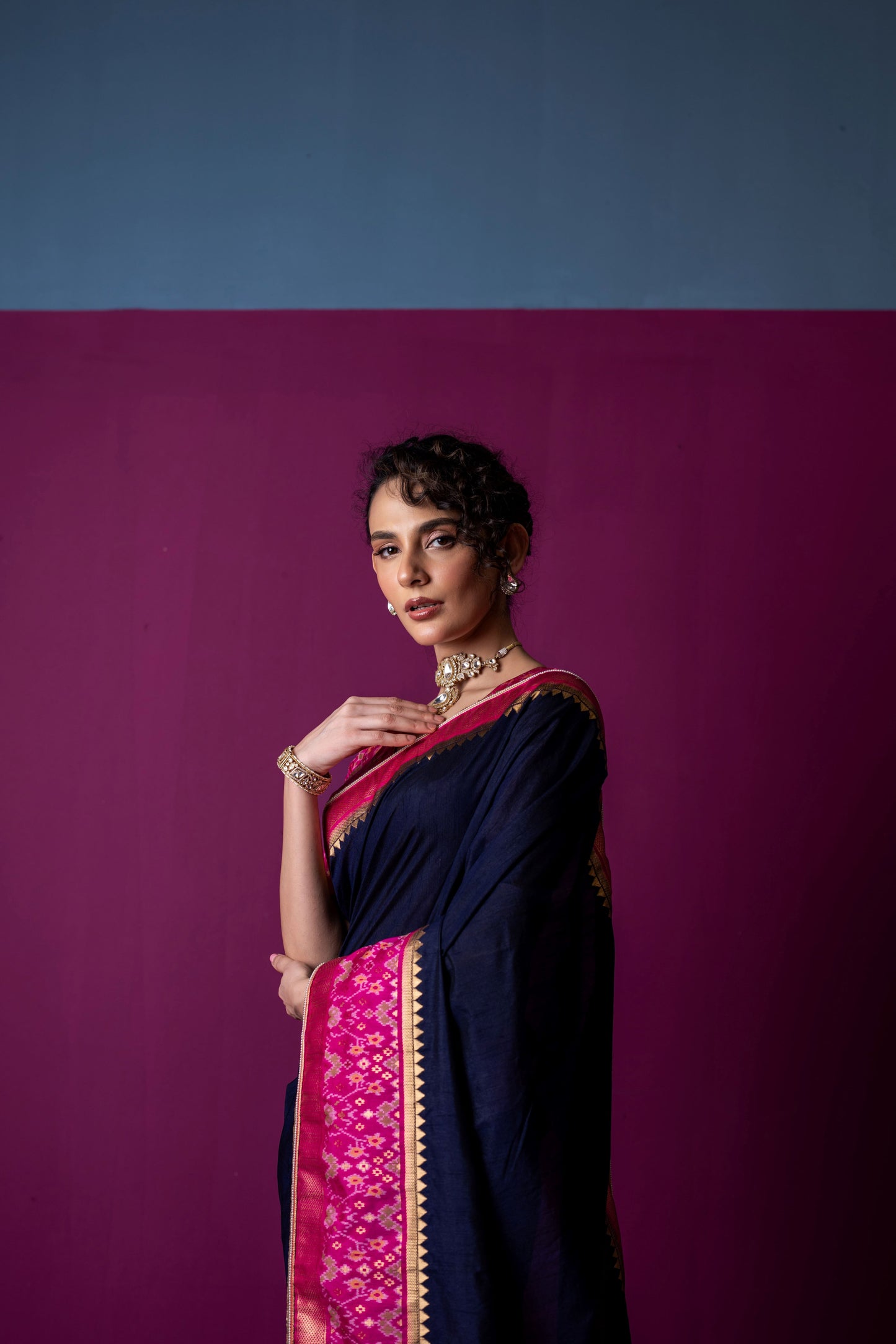Navy Blue Saree with Rani Pink Patola Blouse