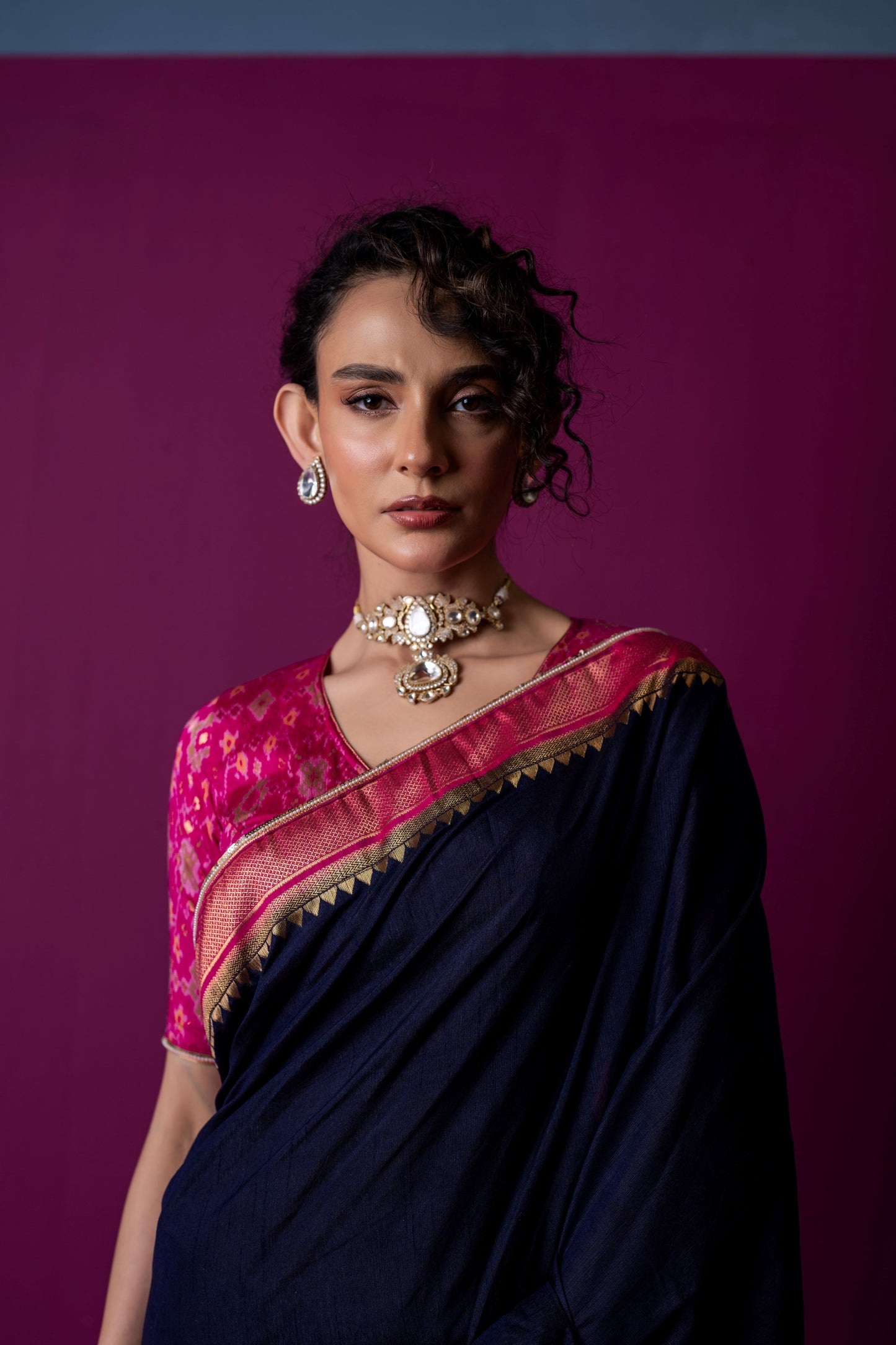 Navy Blue Saree with Rani Pink Patola Blouse