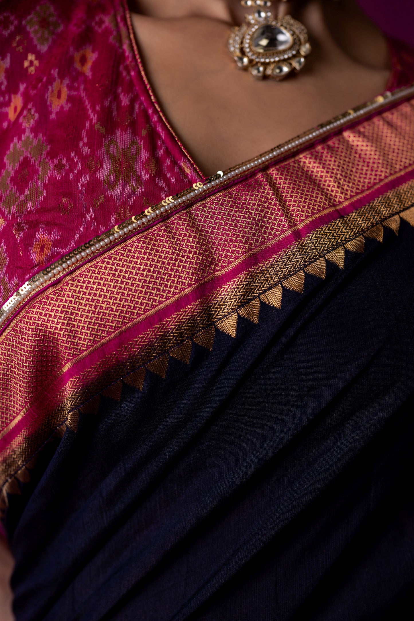 Navy Blue Saree with Rani Pink Patola Blouse
