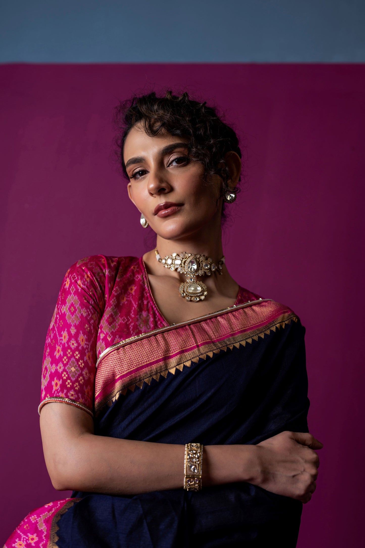 Navy Blue Saree with Rani Pink Patola Blouse