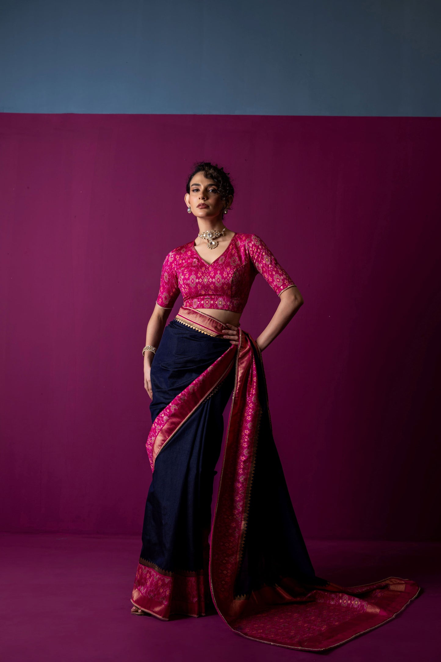 Navy Blue Saree with Rani Pink Patola Blouse