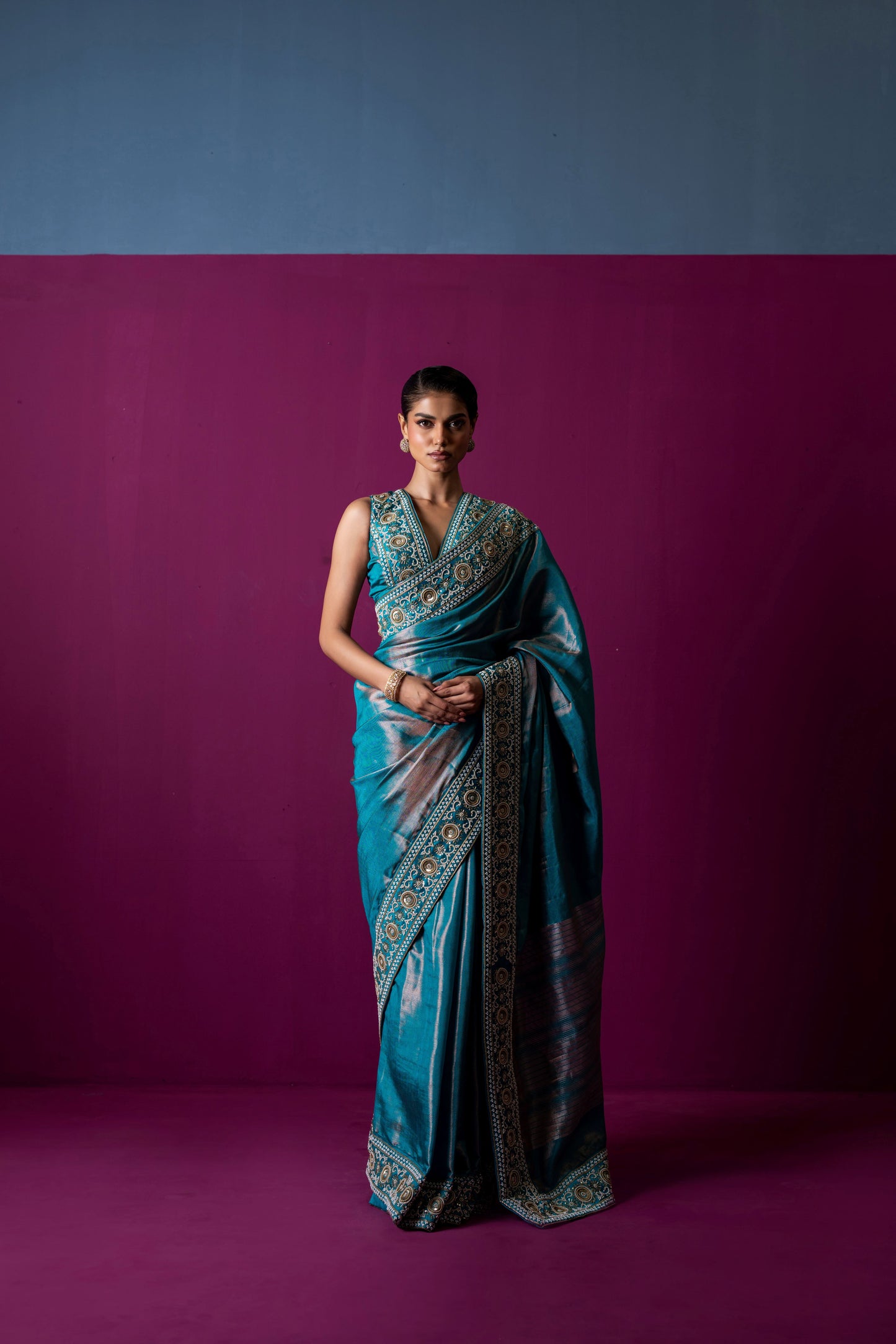 Regal Teal Blue Handcrafted Saree with Embellished Blouse