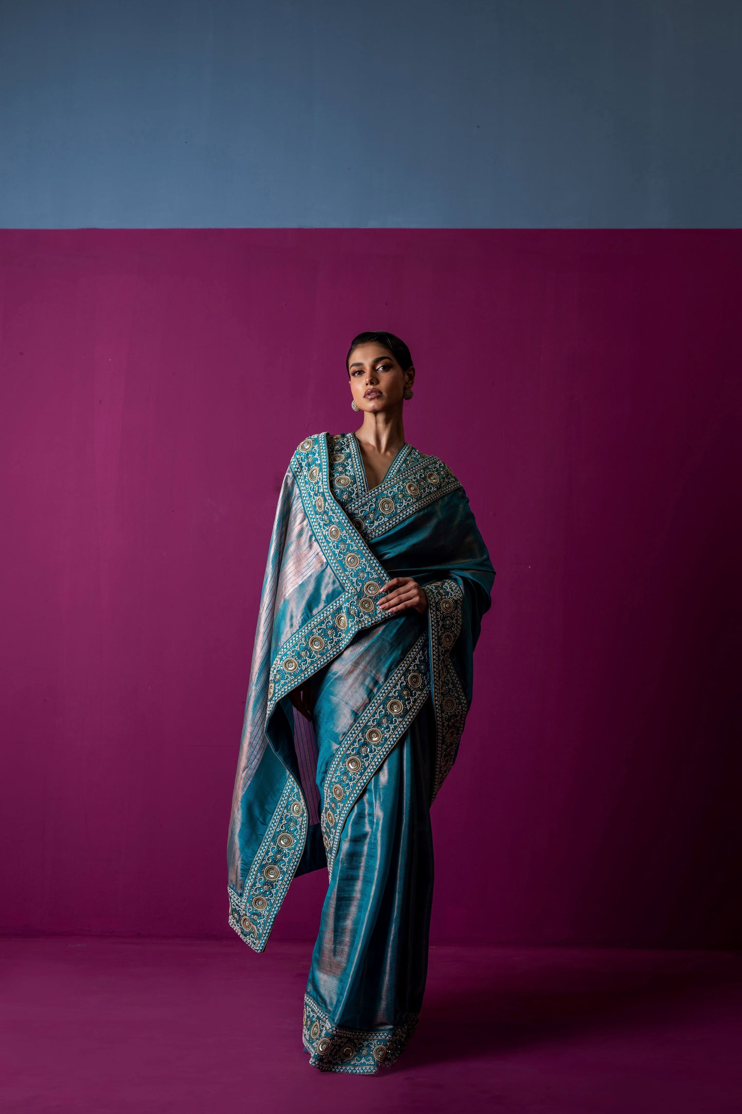 Regal Teal Blue Handcrafted Saree with Embellished Blouse