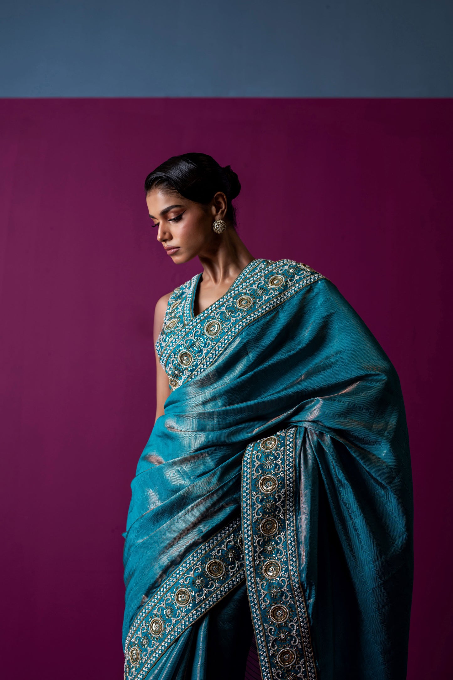 Regal Teal Blue Handcrafted Saree with Embellished Blouse