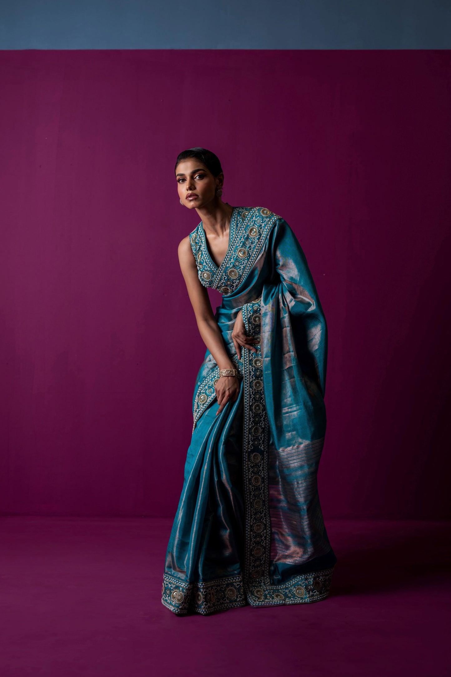 Regal Teal Blue Handcrafted Saree with Embellished Blouse