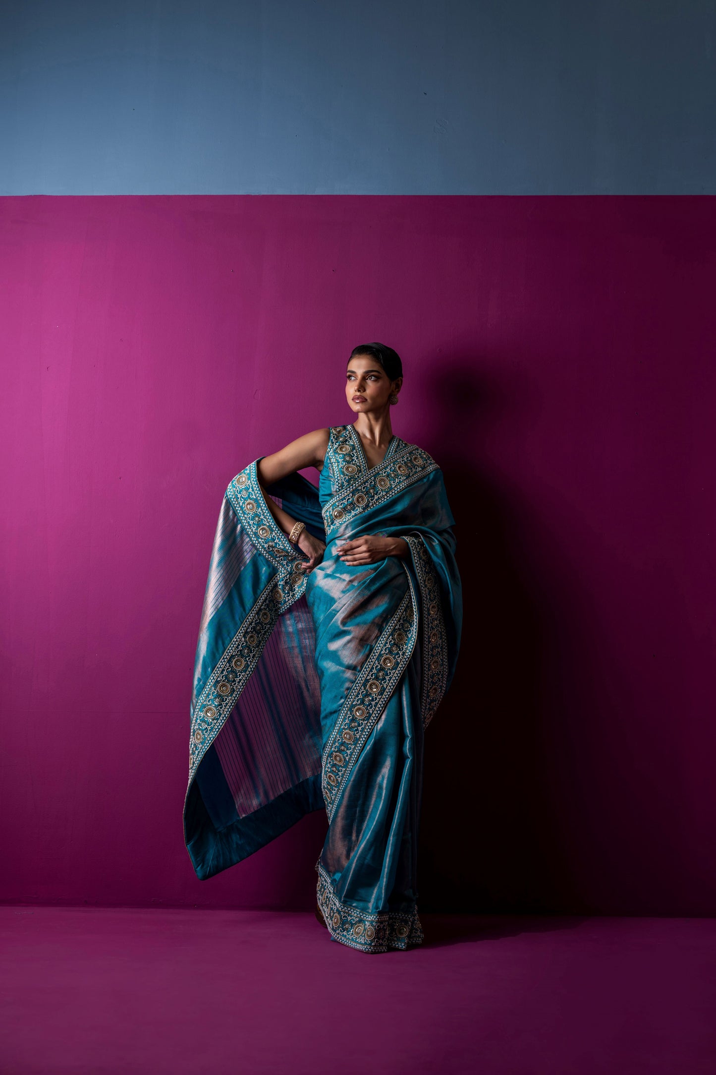 Regal Teal Blue Handcrafted Saree with Embellished Blouse