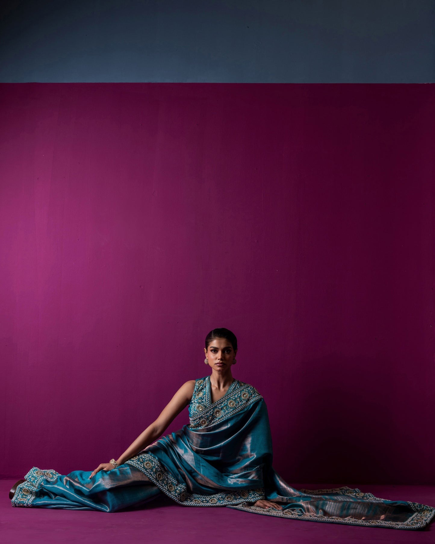Regal Teal Blue Handcrafted Saree with Embellished Blouse