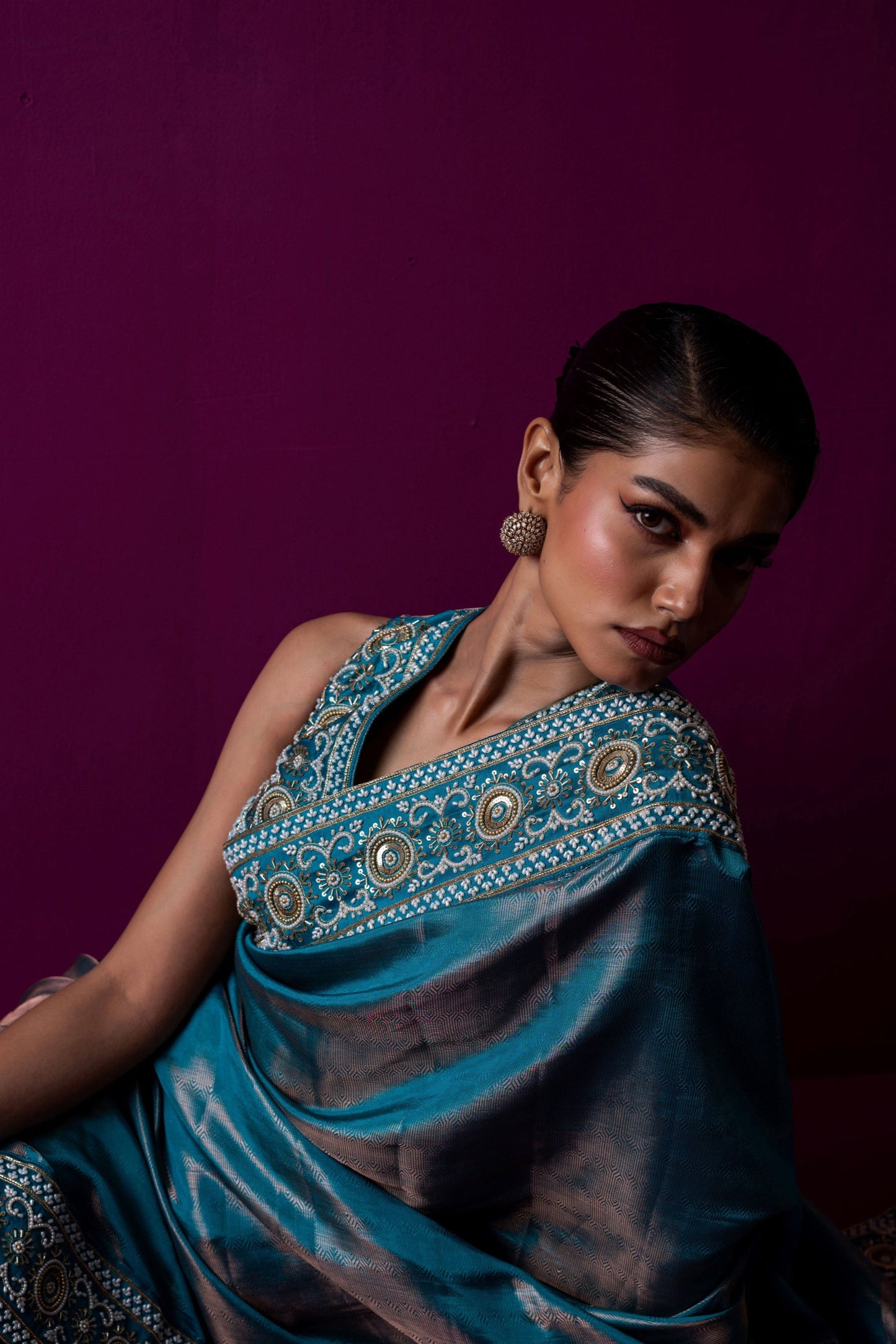 Regal Teal Blue Handcrafted Saree with Embellished Blouse
