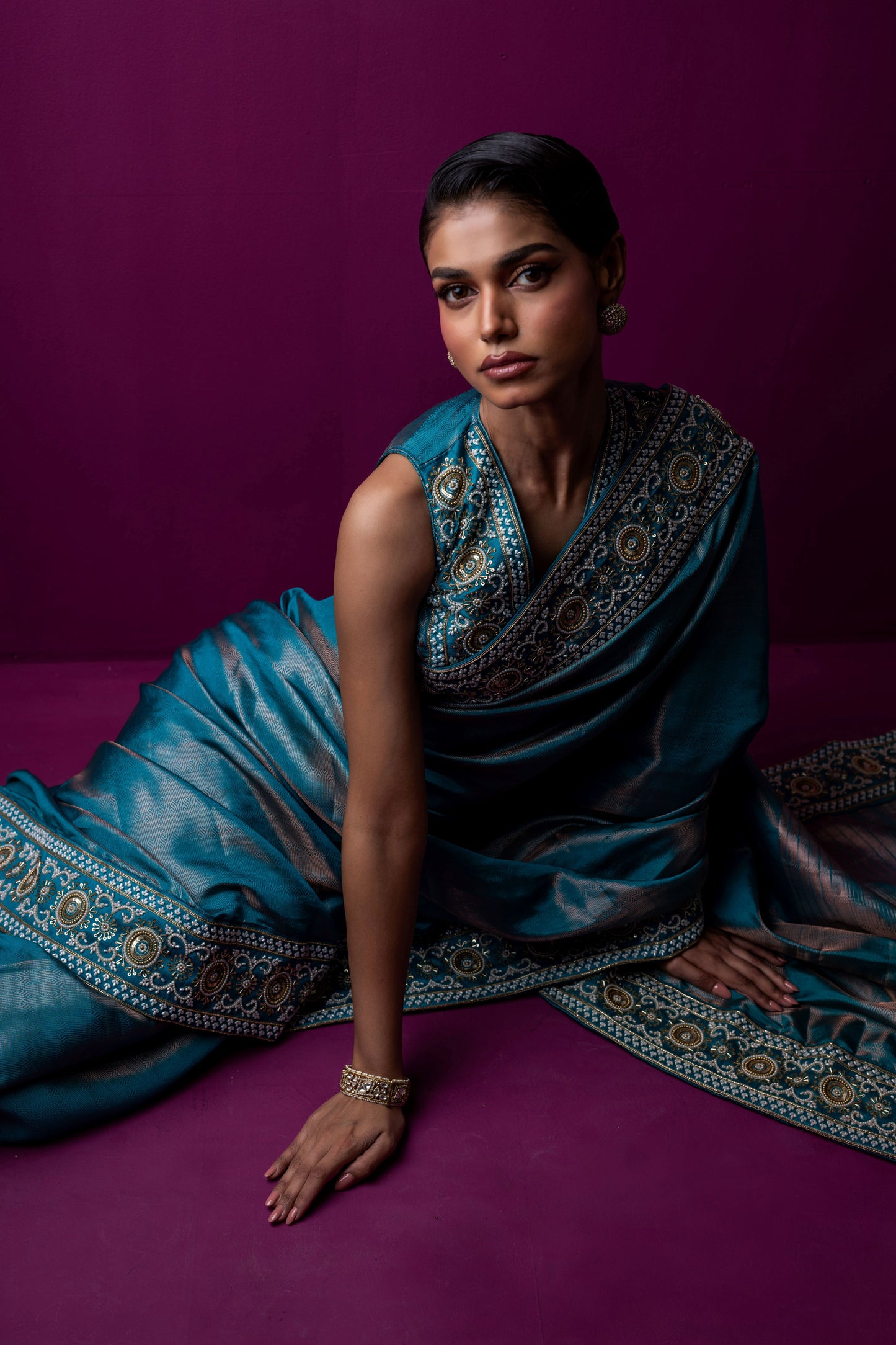 Regal Teal Blue Handcrafted Saree with Embellished Blouse