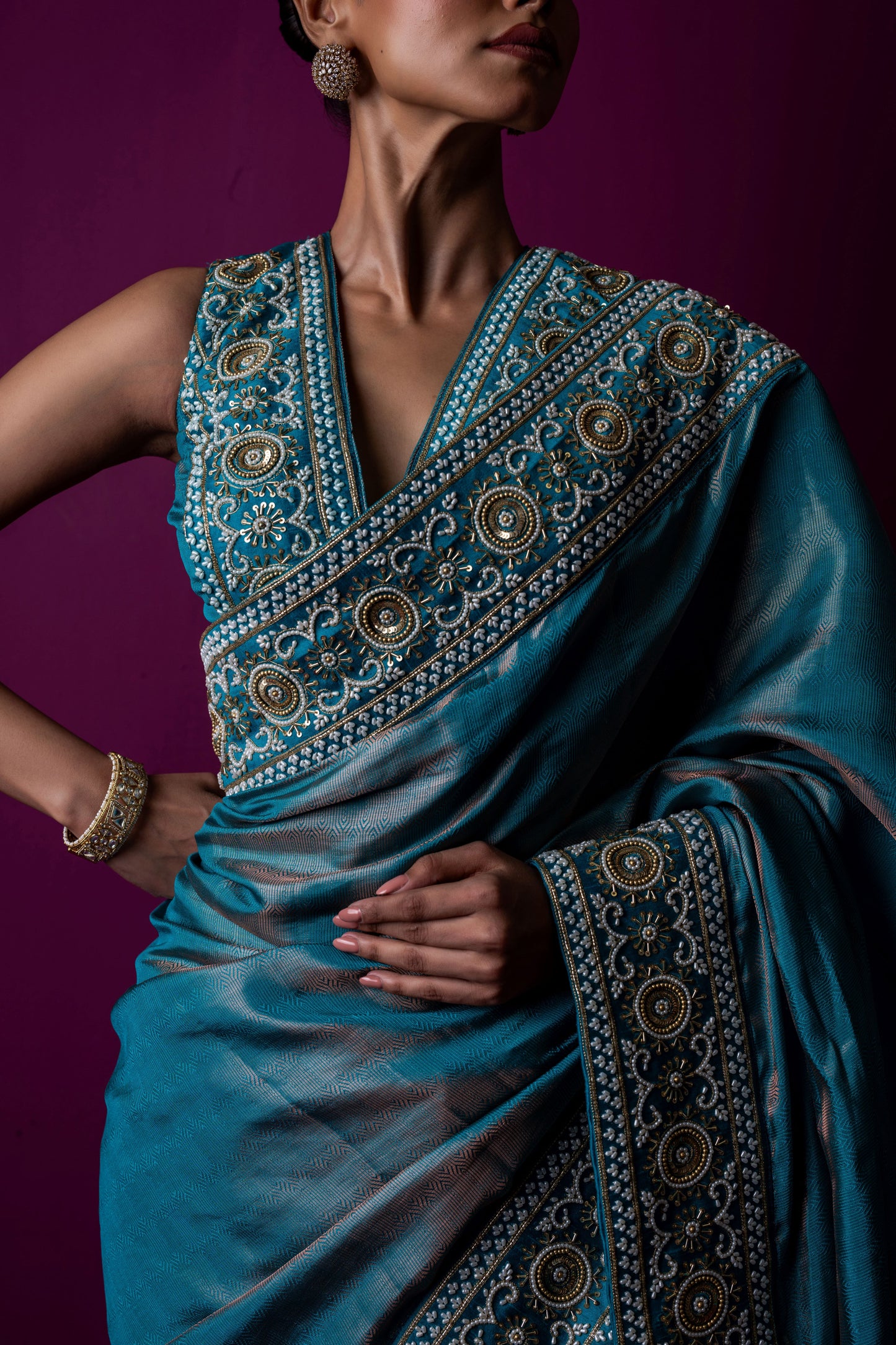 Regal Teal Blue Handcrafted Saree with Embellished Blouse