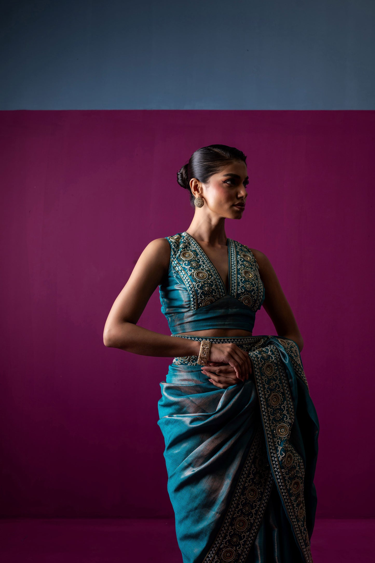 Regal Teal Blue Handcrafted Saree with Embellished Blouse