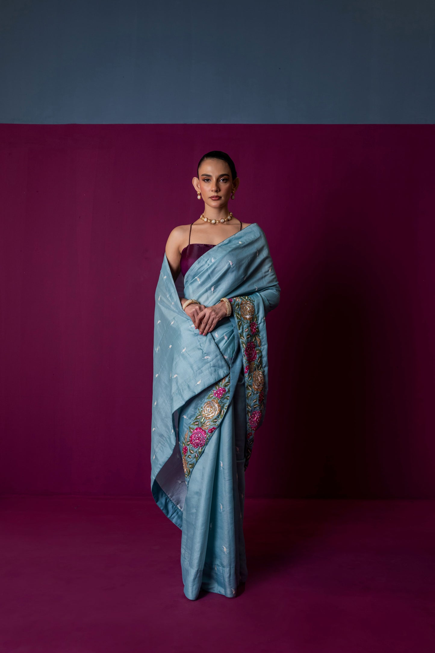 Icy Blue Elegance – Embroidered Silk Saree with Floral Detailing