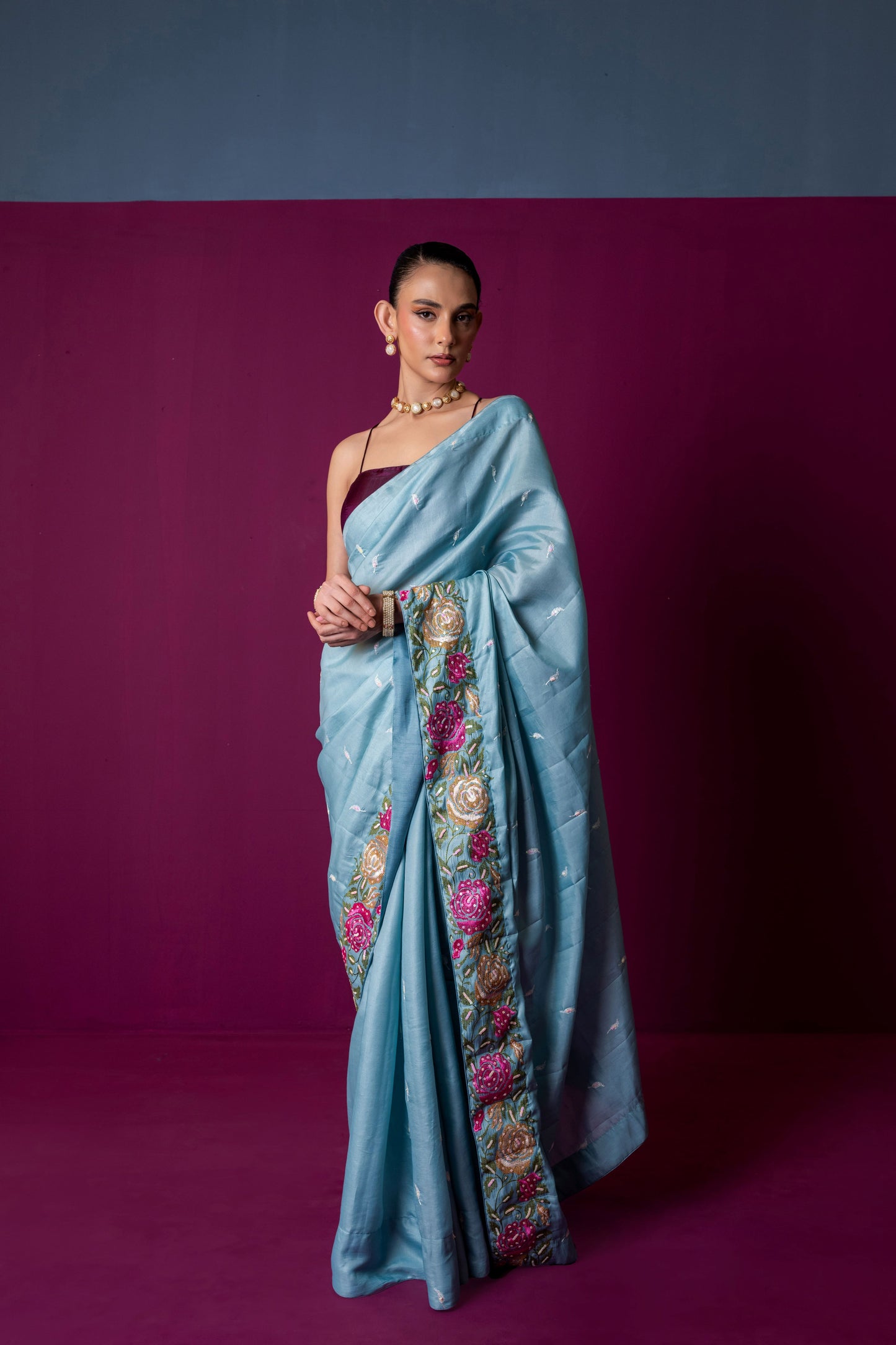 Icy Blue Elegance – Embroidered Silk Saree with Floral Detailing