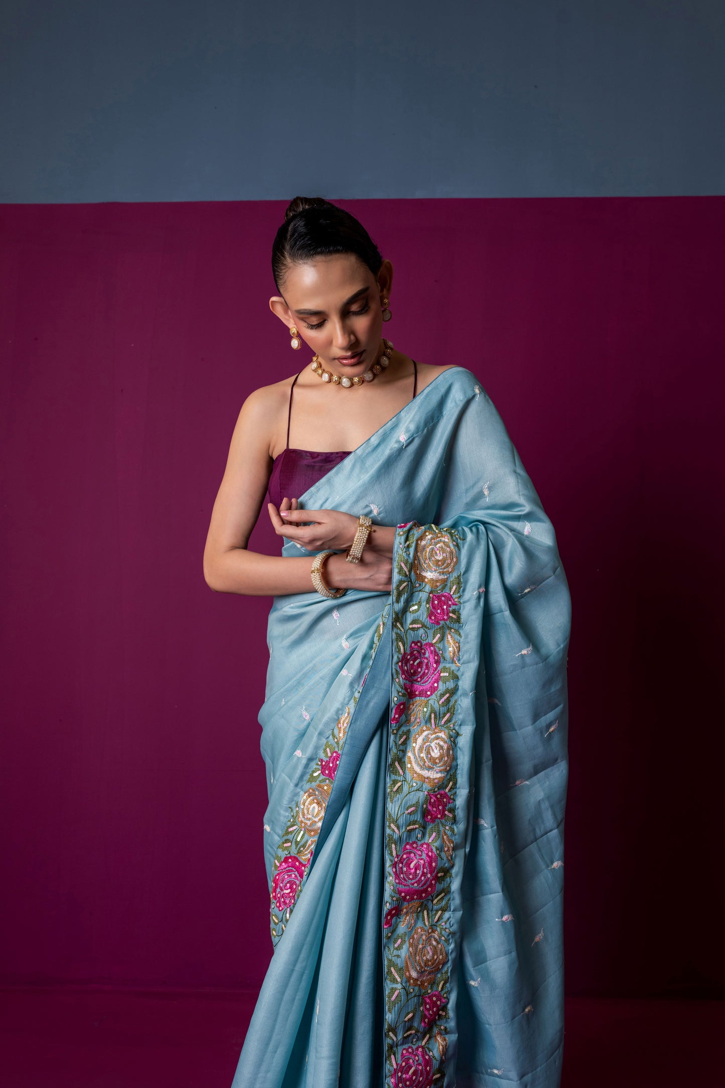 Icy Blue Elegance – Embroidered Silk Saree with Floral Detailing