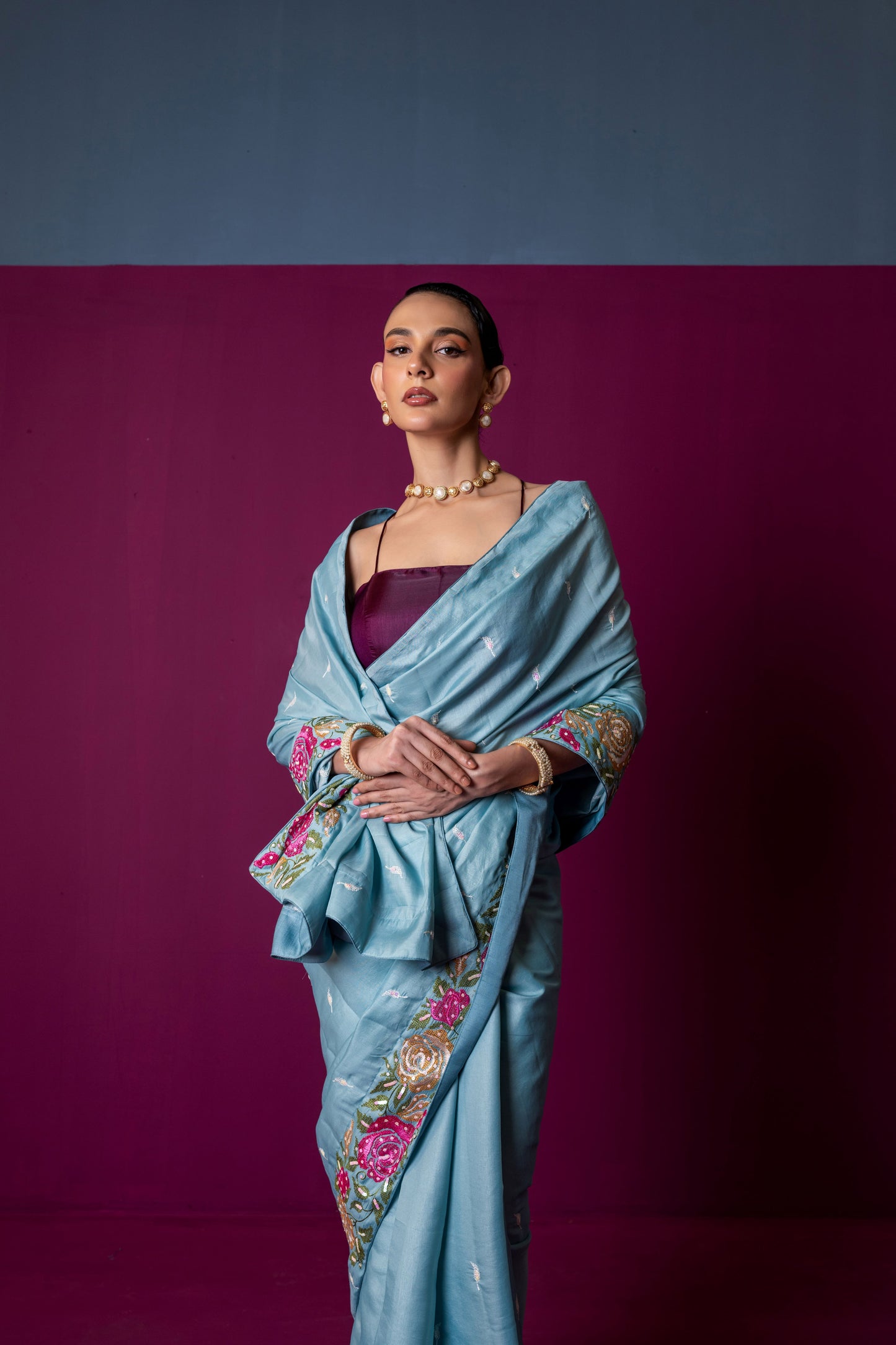 Icy Blue Elegance – Embroidered Silk Saree with Floral Detailing