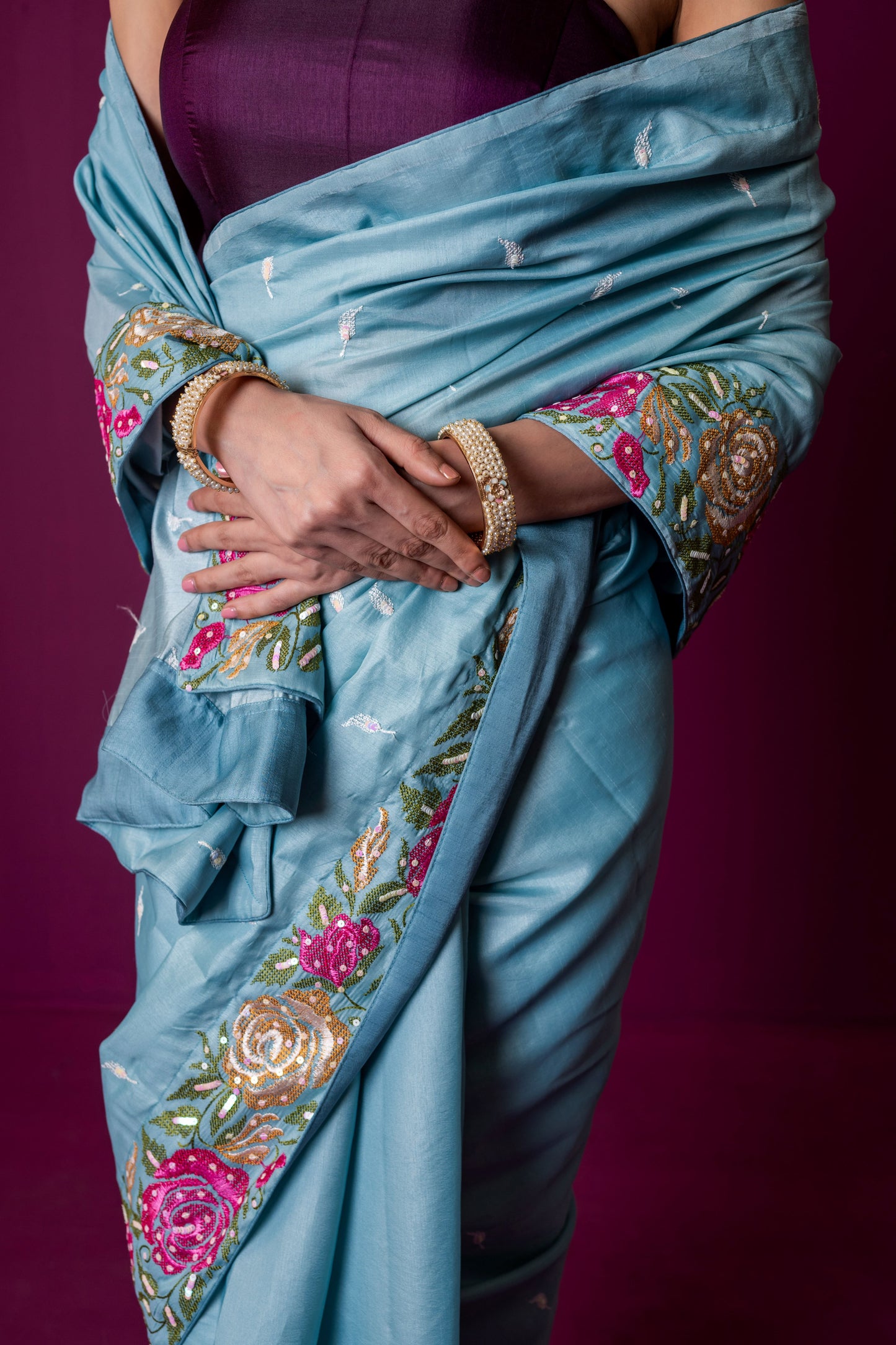 Icy Blue Elegance – Embroidered Silk Saree with Floral Detailing
