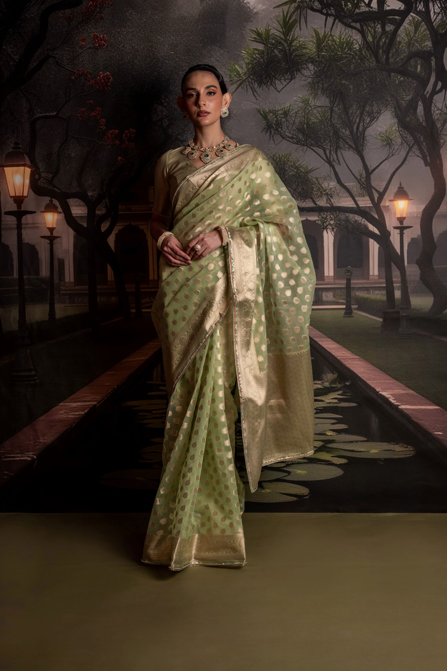 Sage Green Organza Saree with Gold Brocade Blouse