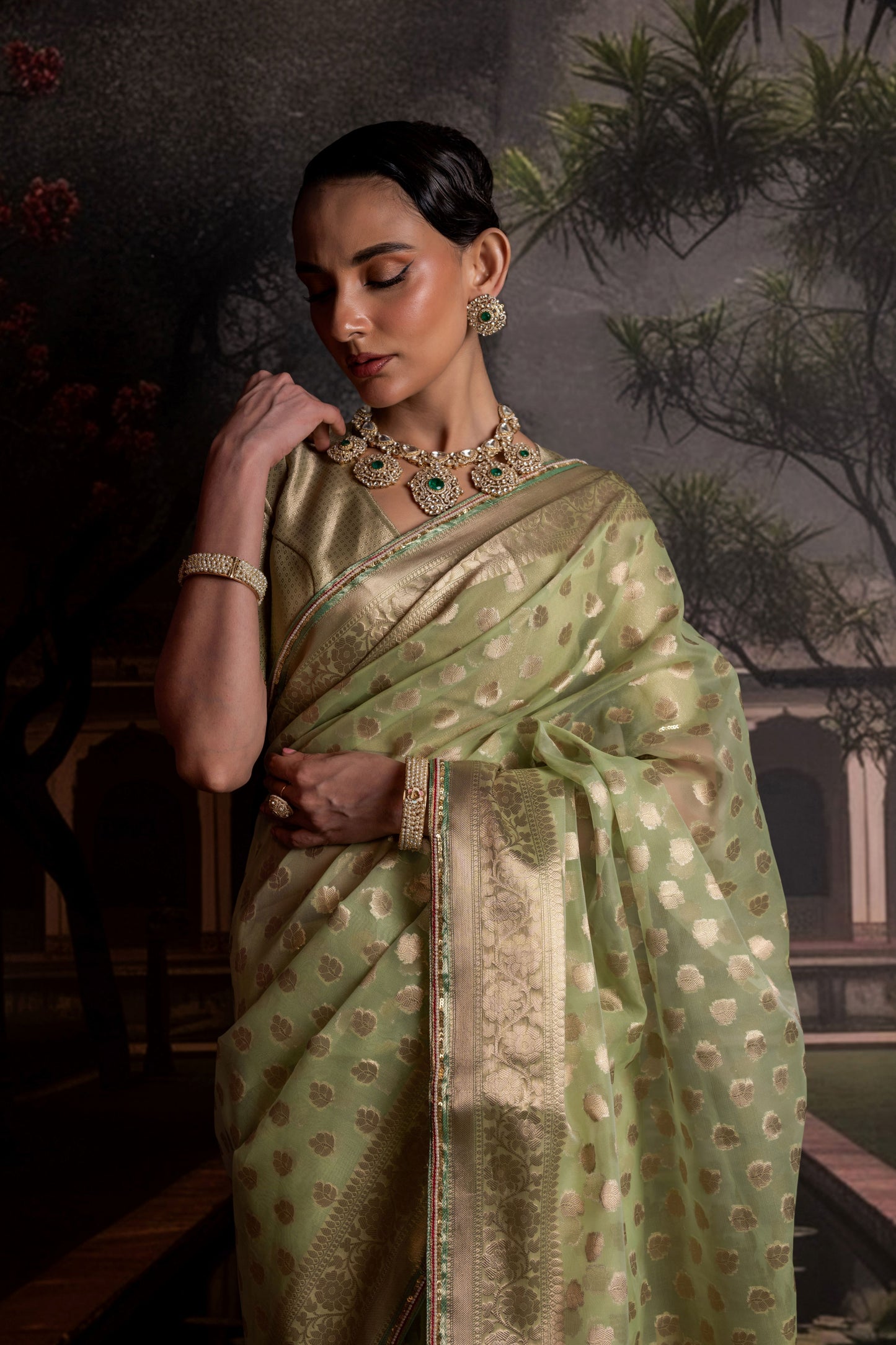 Sage Green Organza Saree with Gold Brocade Blouse