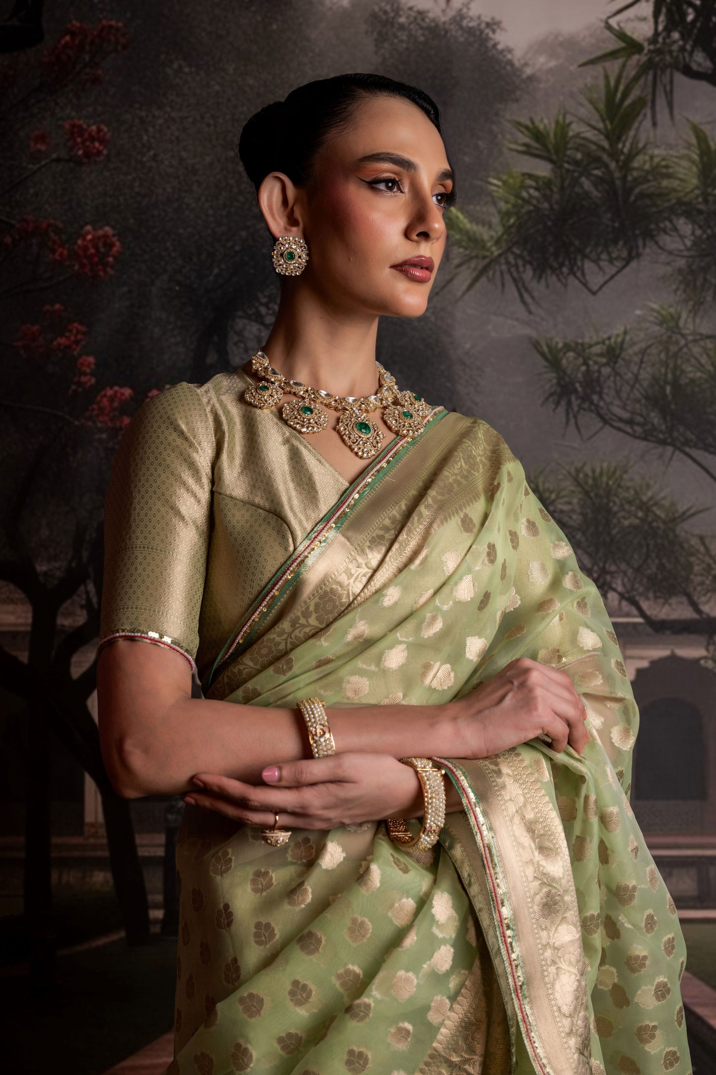 Sage Green Organza Saree with Gold Brocade Blouse