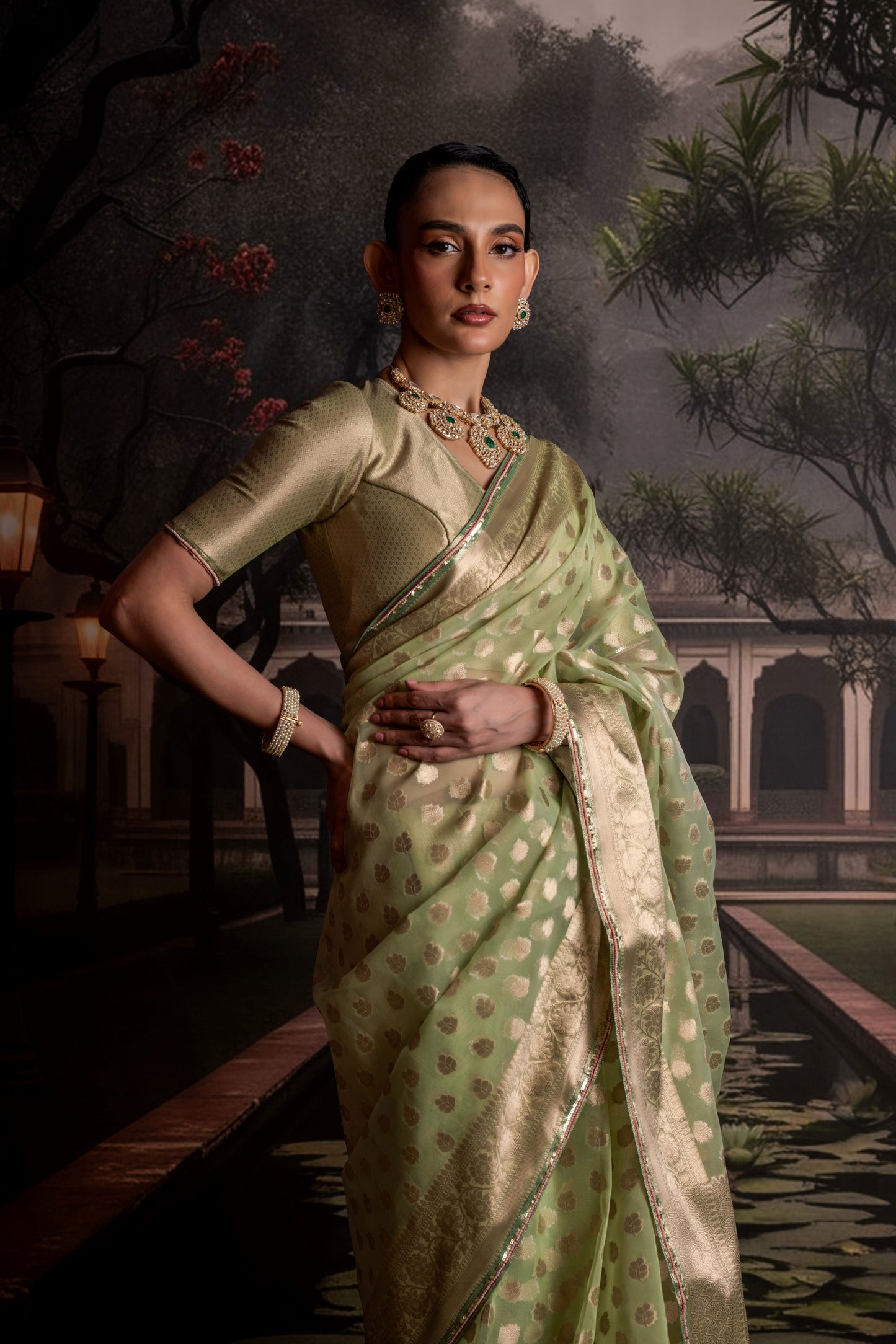 Sage Green Organza Saree with Gold Brocade Blouse